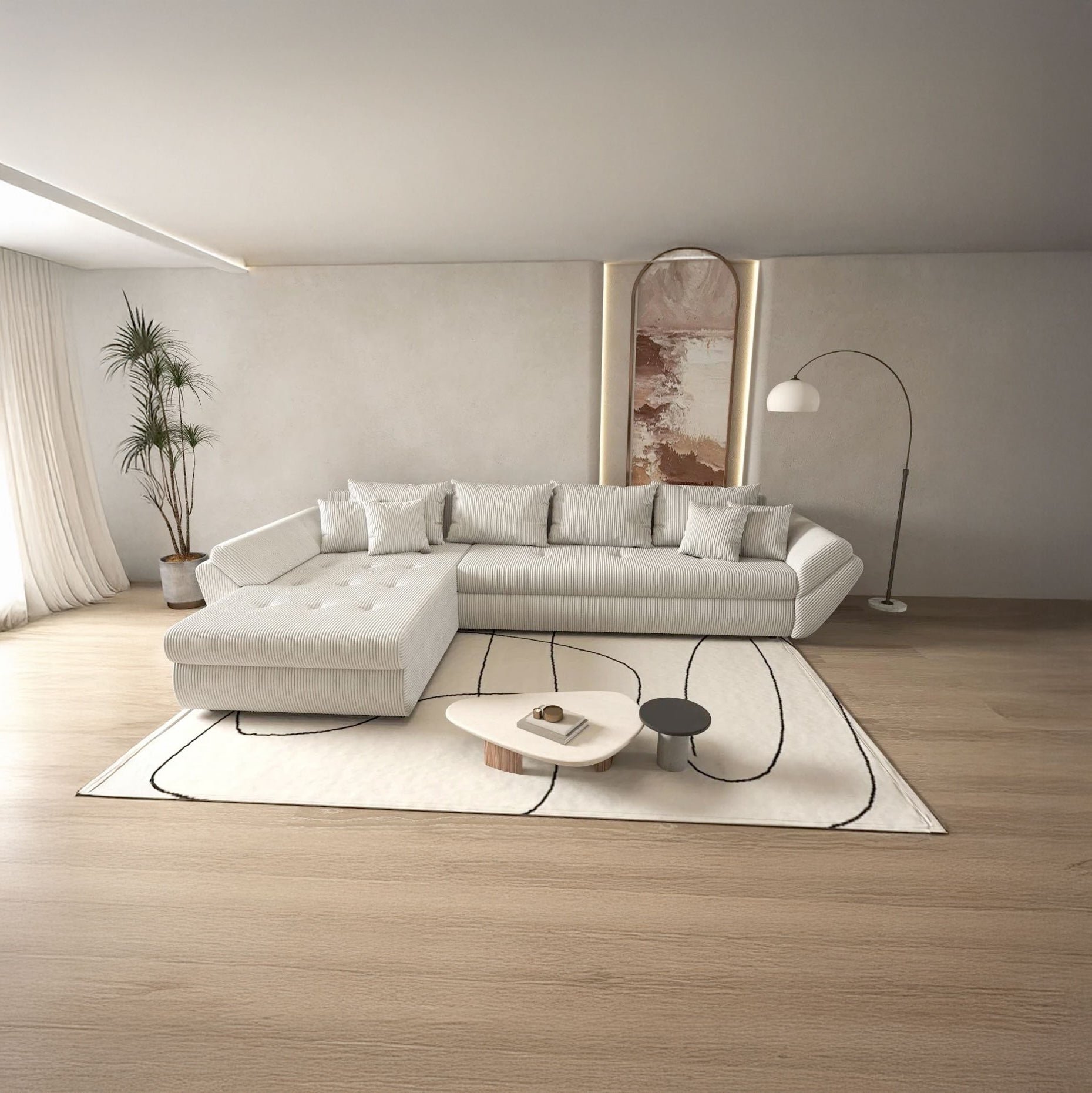 Colțar extensibil dumonde cu ladă de depozitare si sezut confortabil din spuma HR, Loana XL Zoom Cream 335x185 cm Fabrica