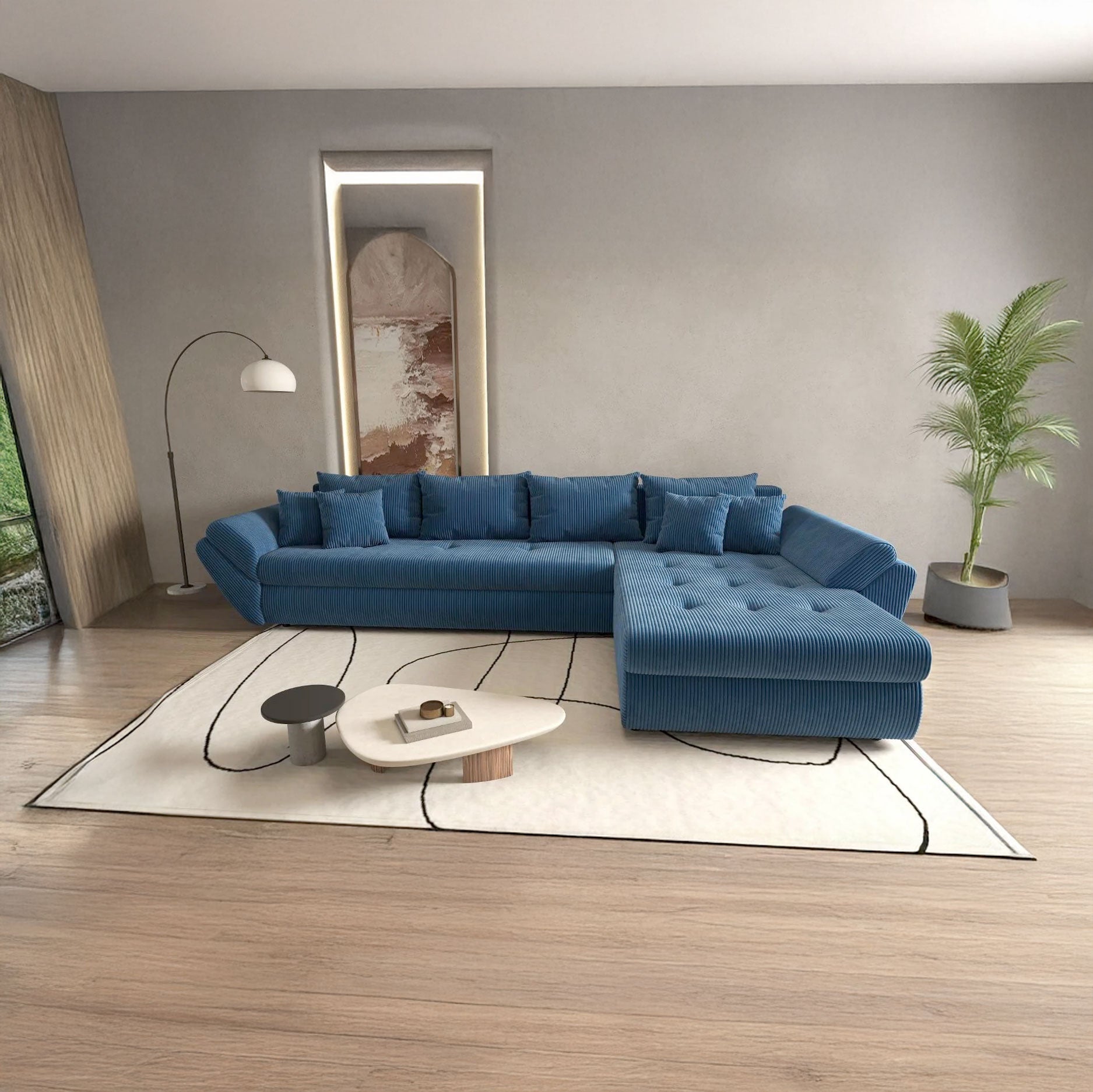 Colțar extensibil dumonde cu ladă de depozitare si sezut confortabil din spuma HR, Loana XL Zoom Albastru II 335x185 cm Fabrica