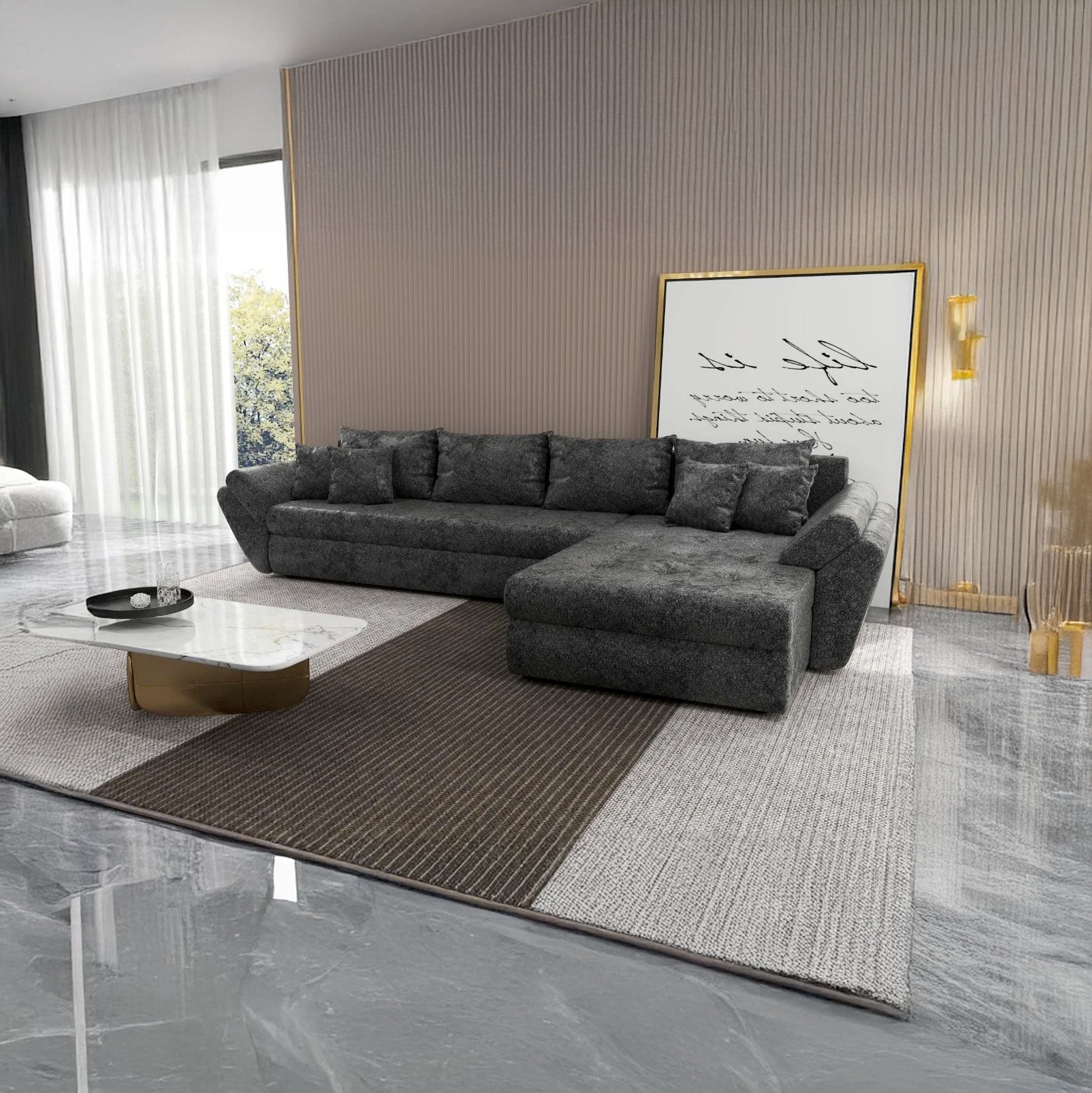 Colțar extensibil dumonde cu ladă de depozitare si sezut confortabil din spuma HR, Loana XL Euphoria Negru II 335x185 cm Fabrica