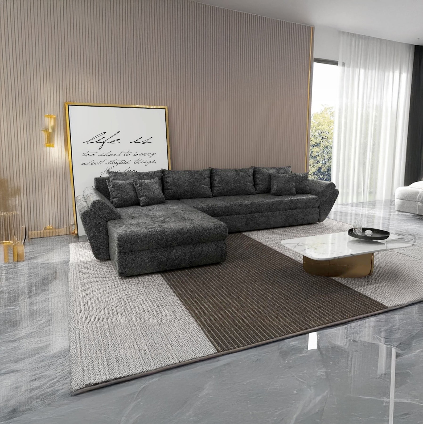 Colțar extensibil dumonde cu ladă de depozitare si sezut confortabil din spuma HR, Loana XL Euphoria Negru 335x185 cm Fabrica