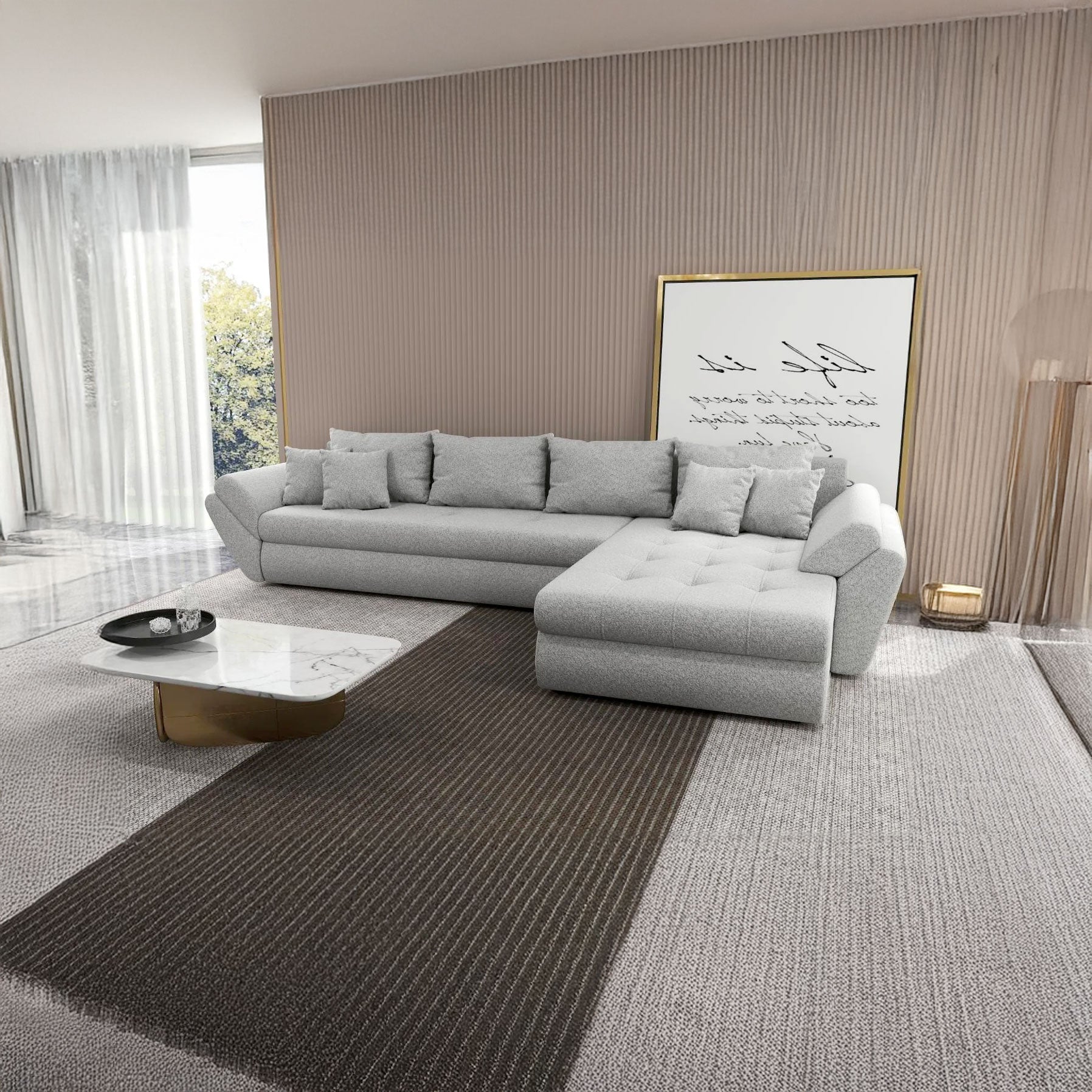 Colțar extensibil dumonde cu ladă de depozitare si sezut confortabil din spuma HR, Loana XL Euphoria Dove II 335x185 cm Fabrica