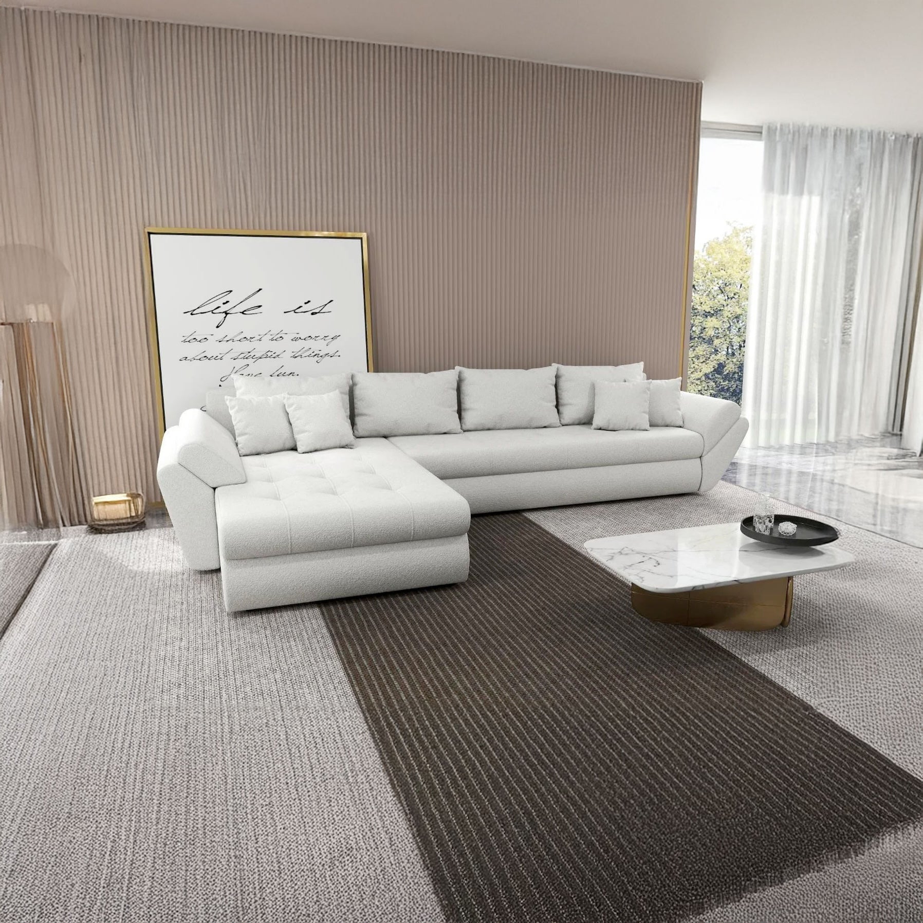 Colțar extensibil dumonde cu ladă de depozitare si sezut confortabil din spuma HR, Loana XL Euphoria Ivory 335x185 cm Fabrica