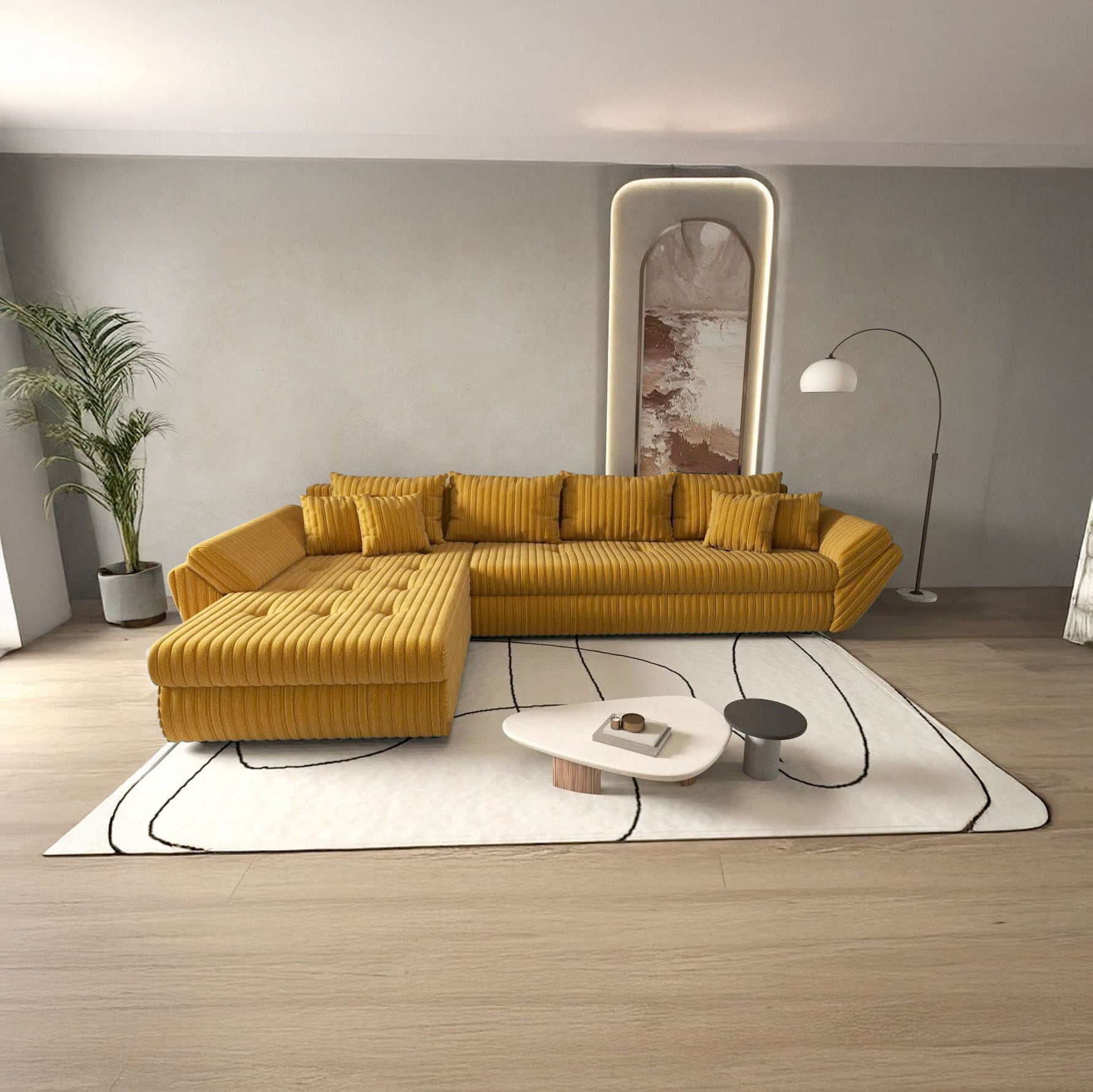 Colțar extensibil dumonde cu ladă de depozitare si sezut confortabil din spuma HR, Loana XL Ambience Mustar 335x185 cm Fabrica
