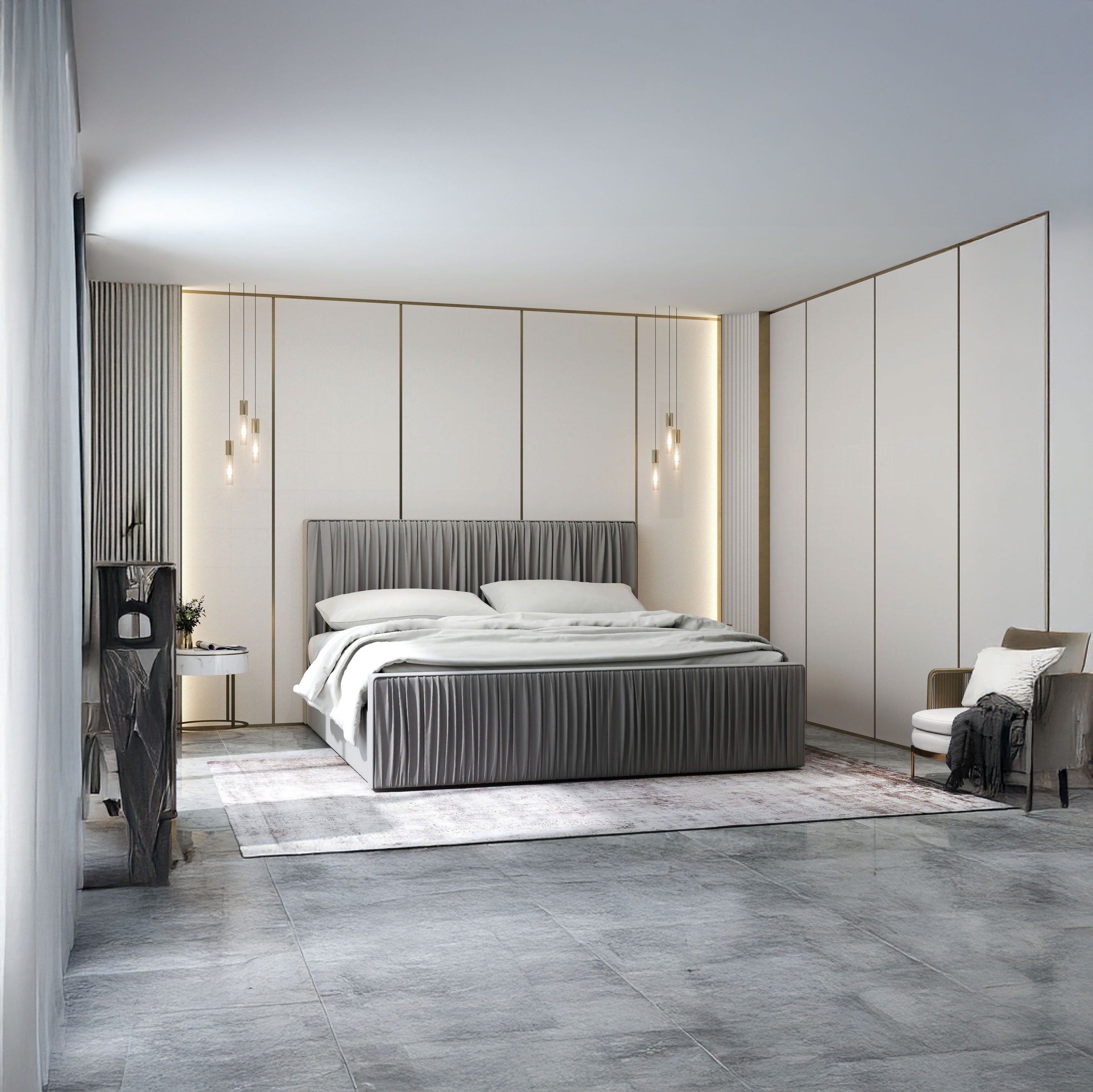 Pat dormitor tapitat gri, London 160x200 cm, somiera rabatabila inclusa, spatiu depozitare LFG