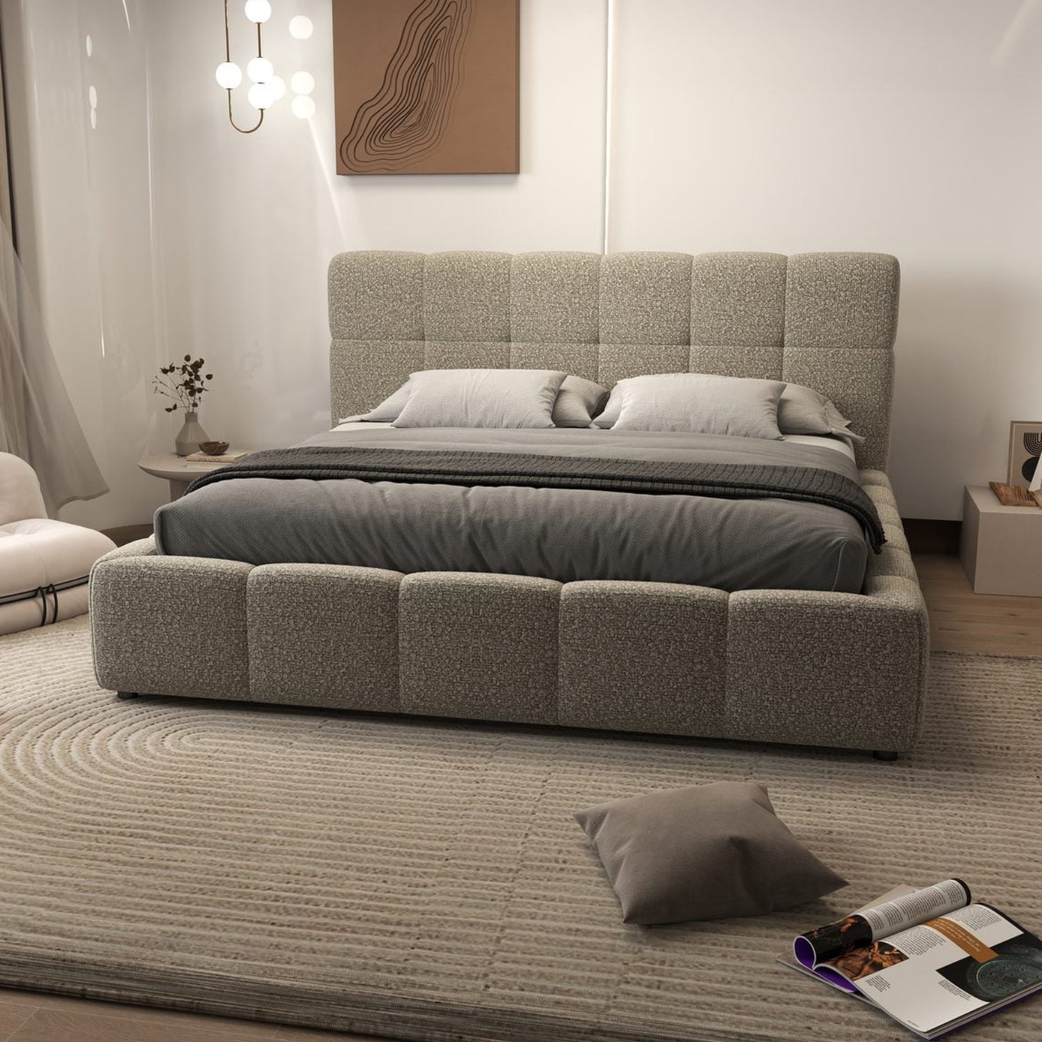 Pat dormitor dumonde, tapitat bej, Lorenzo 160x200 cm, somiera rabatabila inclusa, spatiu depozitare