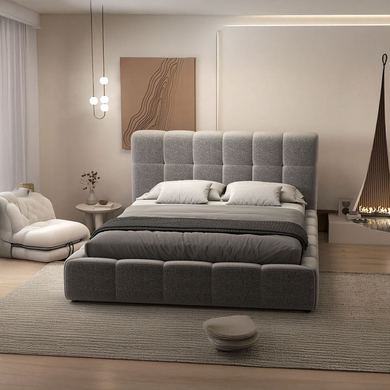 Pat dormitor dumonde, tapitat alb, Lorenzo 160x200 cm, somiera rabatabila inclusa, spatiu depozitare