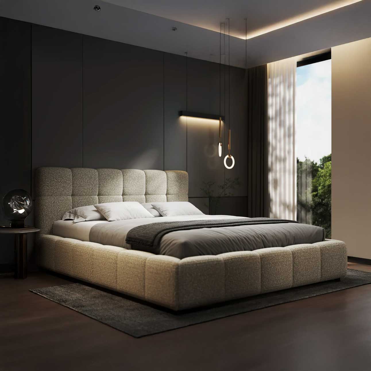 Pat dormitor dumonde, tapitat bej, Lorenzo 180x200 cm, somiera rabatabila inclusa, spatiu depozitare