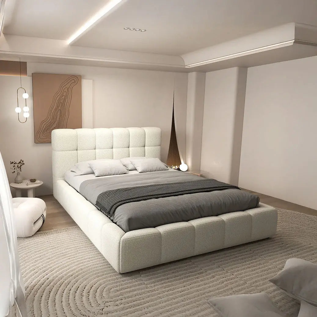 Pat dormitor dumonde, tapitat bej, Lorenzo 160x200 cm, somiera rabatabila inclusa, spatiu depozitare WLS