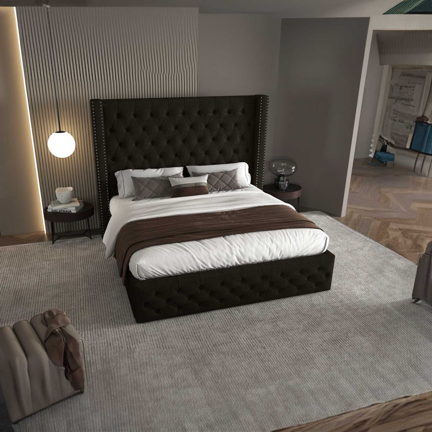 Pat dormitor dumonde, tapitat maro, Luxory 160x200 cm, somiera inclusa, spatiu depozitare WLS