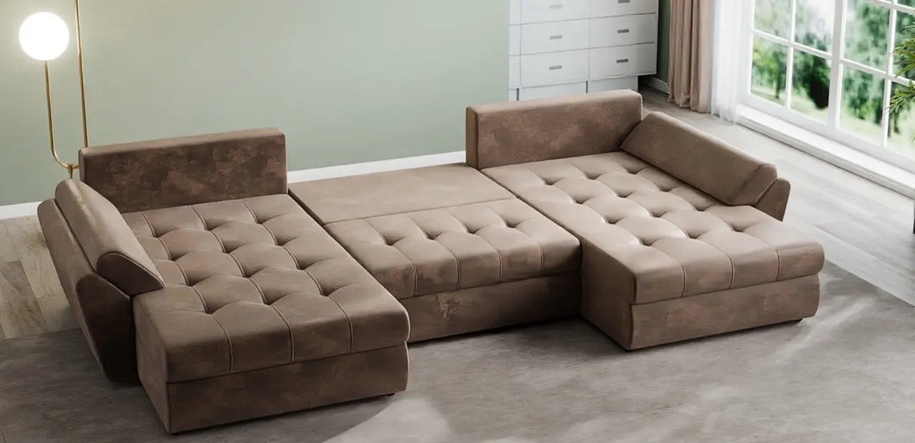 Colțar extensibil dumonde cu ladă de depozitare si sezut confortabil din spuma HR, Loana U Brown 355x185 cm Fabrica