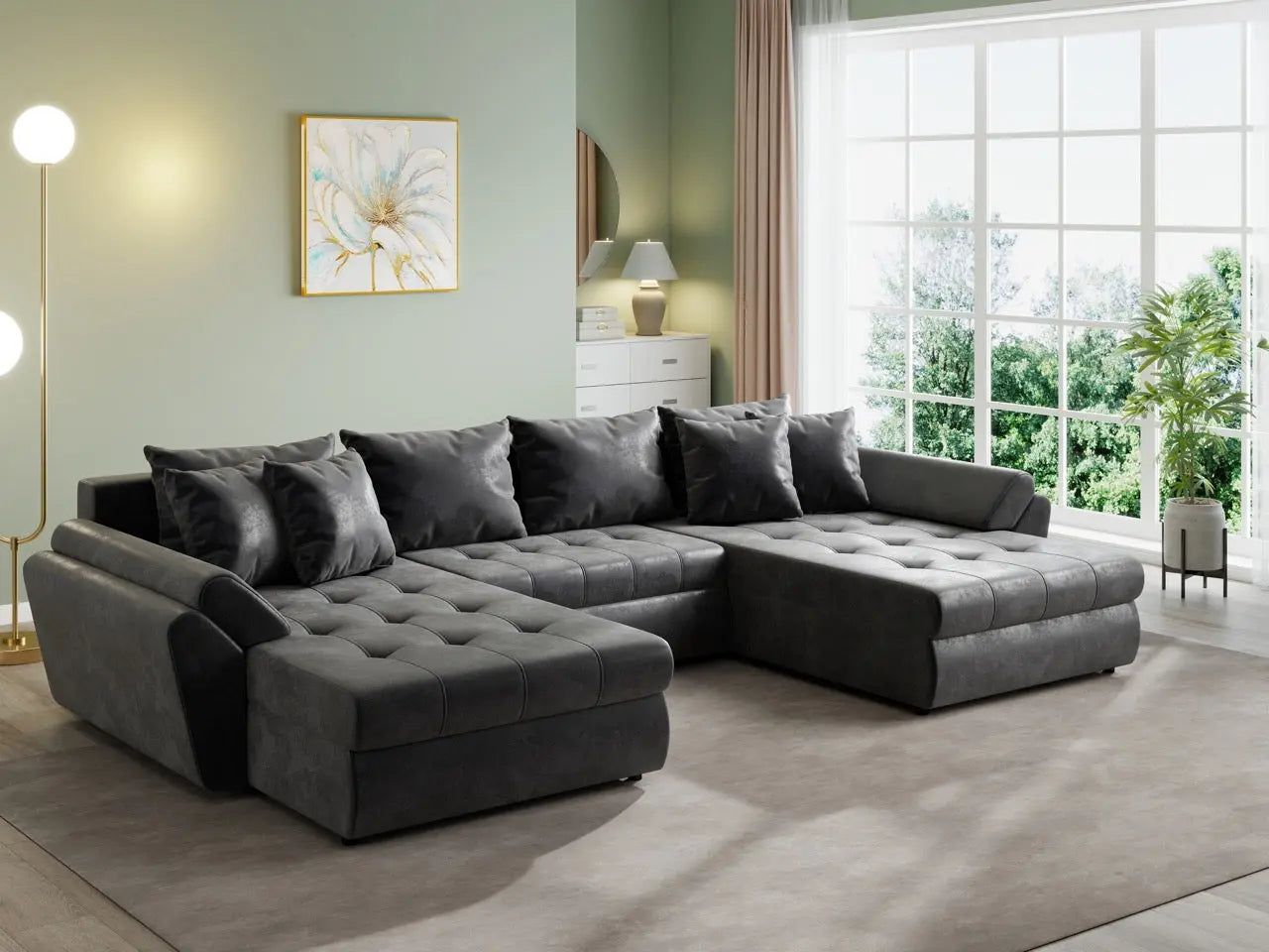 Colțar extensibil dumonde cu ladă de depozitare si sezut confortabil din spuma HR, Loana U Dark Brown 355x185 cm Fabrica