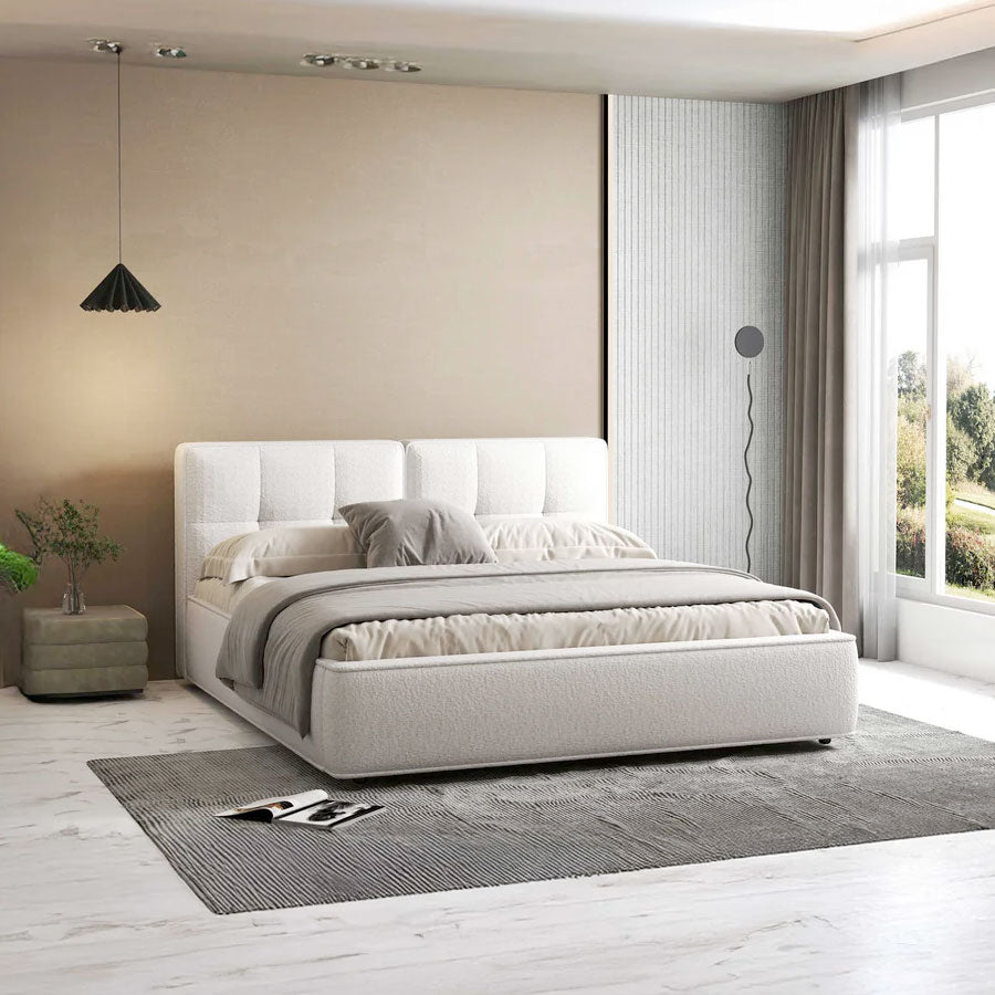 Pat dormitor dumonde, tapitat alb Madrid 180x200 cm, somiera rabatabila inclusa, spatiu depozitare WLS