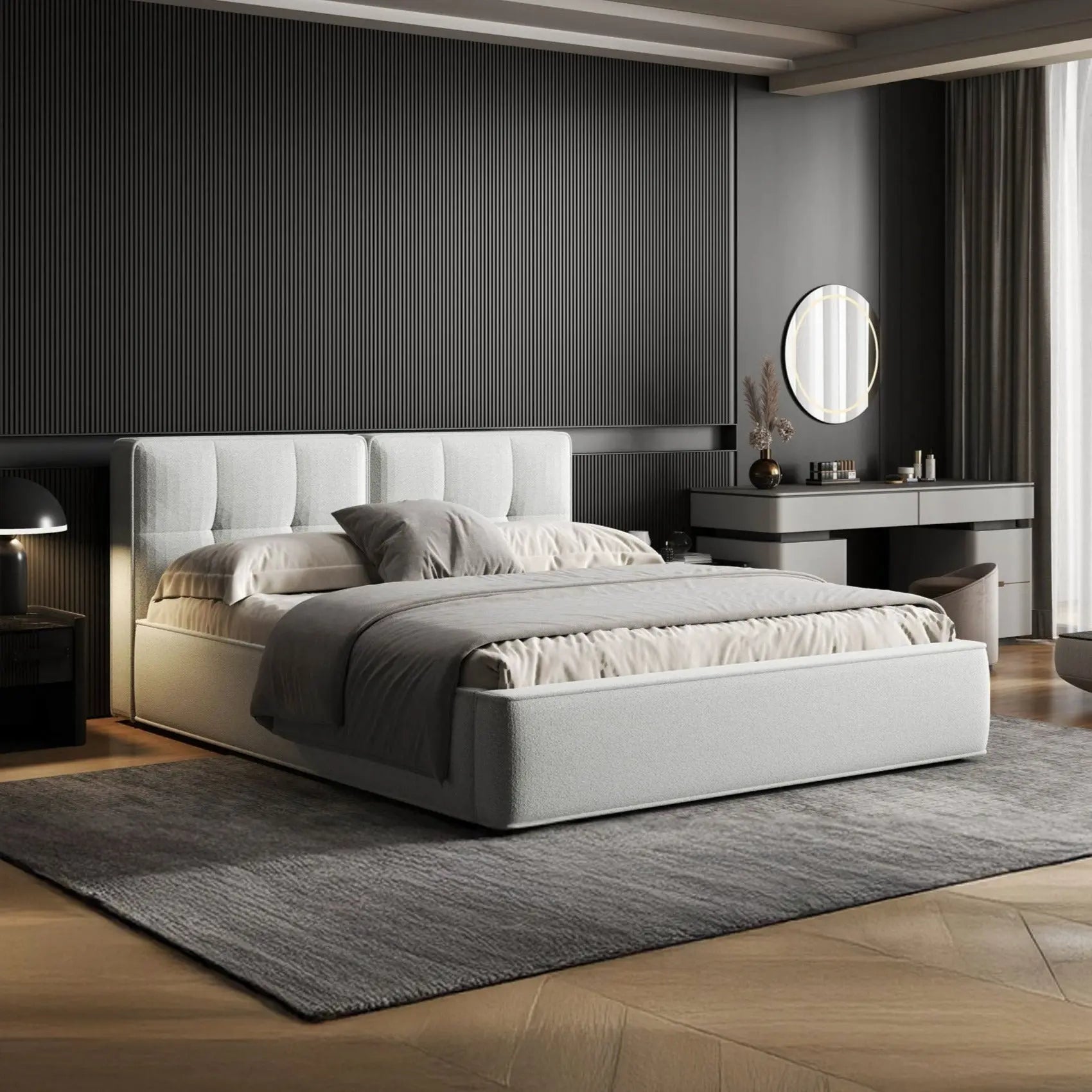 Pat dormitor dumonde, tapitat alb, Madrid 160x200 cm, somiera rabatabila inclusa, spatiu depozitare WLS