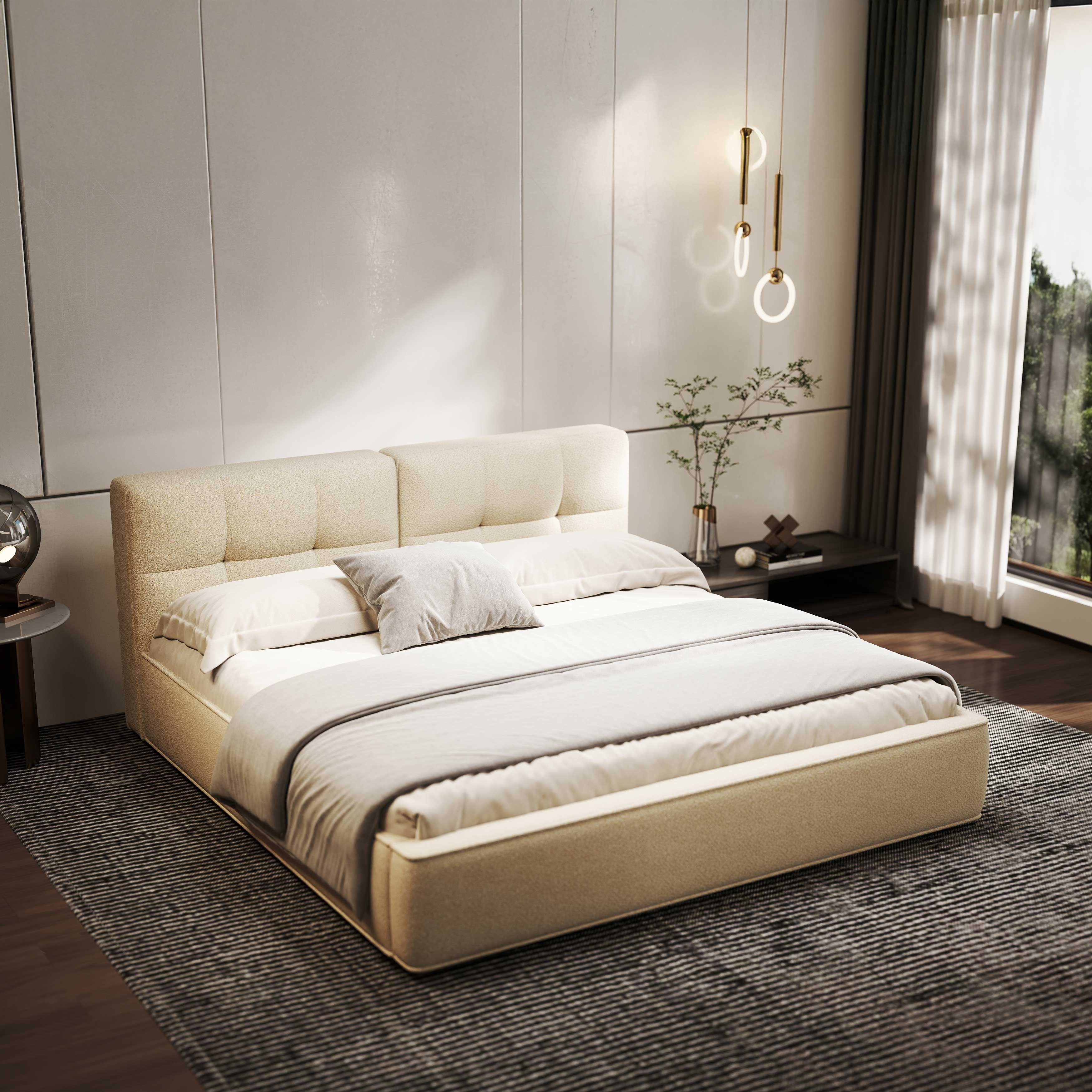 Pat dormitor dumonde, tapitat bej, Madrid 160x200 cm, somiera rabatabila inclusa, spatiu depozitare WLS