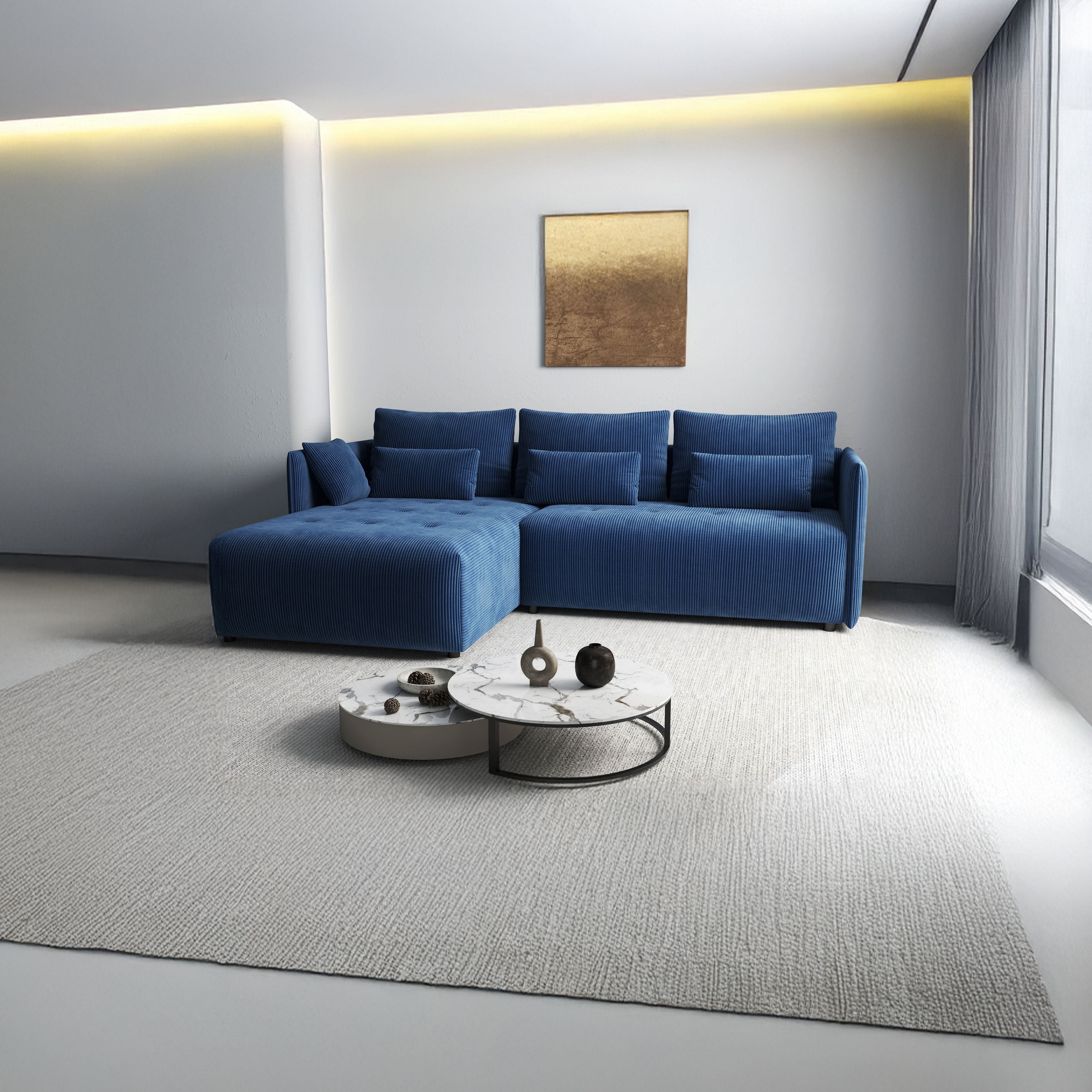 Colțar extensibil dumonde cu ladă de depozitare si sezut confortabil din spuma HR, Malta Zoom Blue II 235x185 cm Fabrica