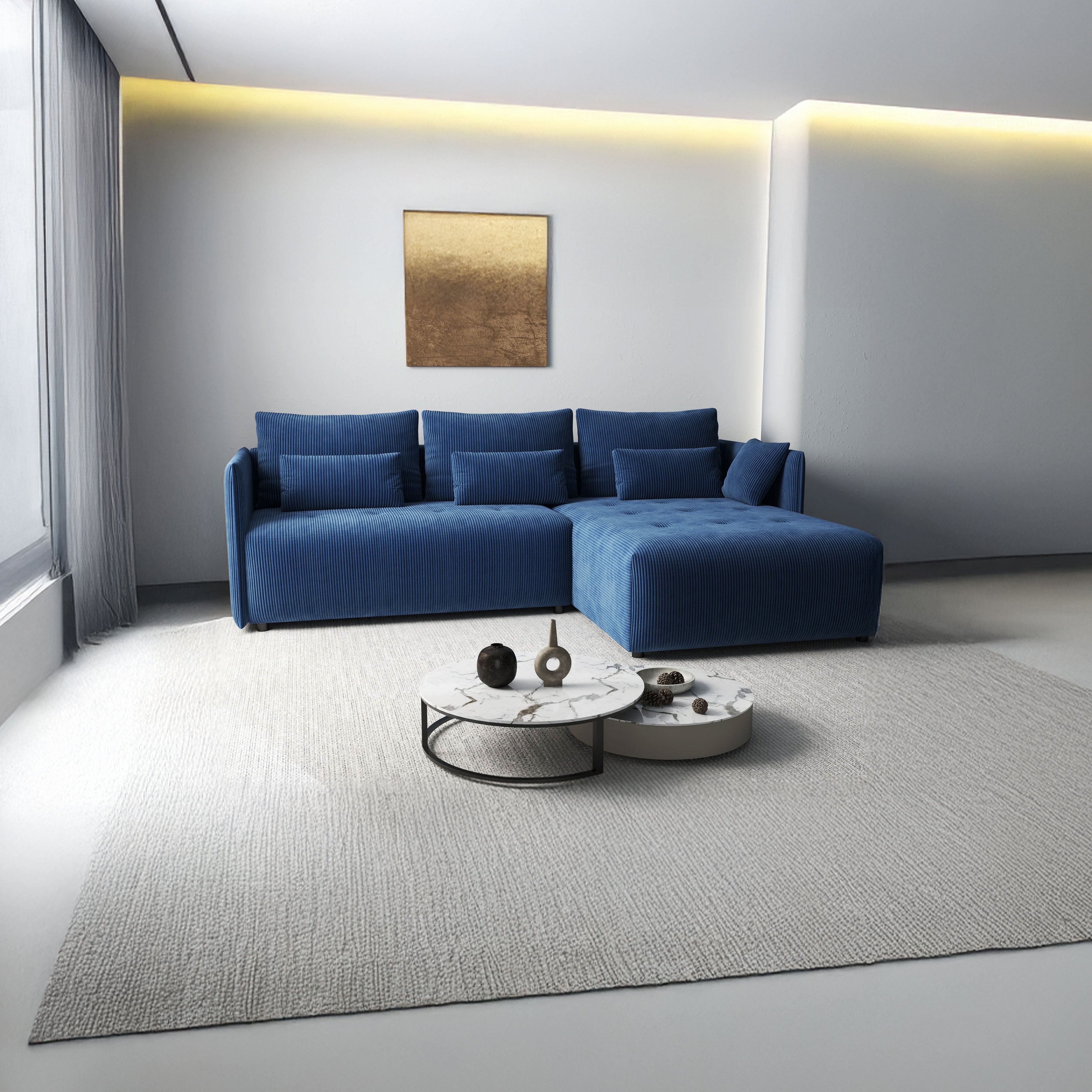 Colțar extensibil dumonde cu ladă de depozitare si sezut confortabil din spuma HR, Malta Zoom Blue 235x185 cm Fabrica