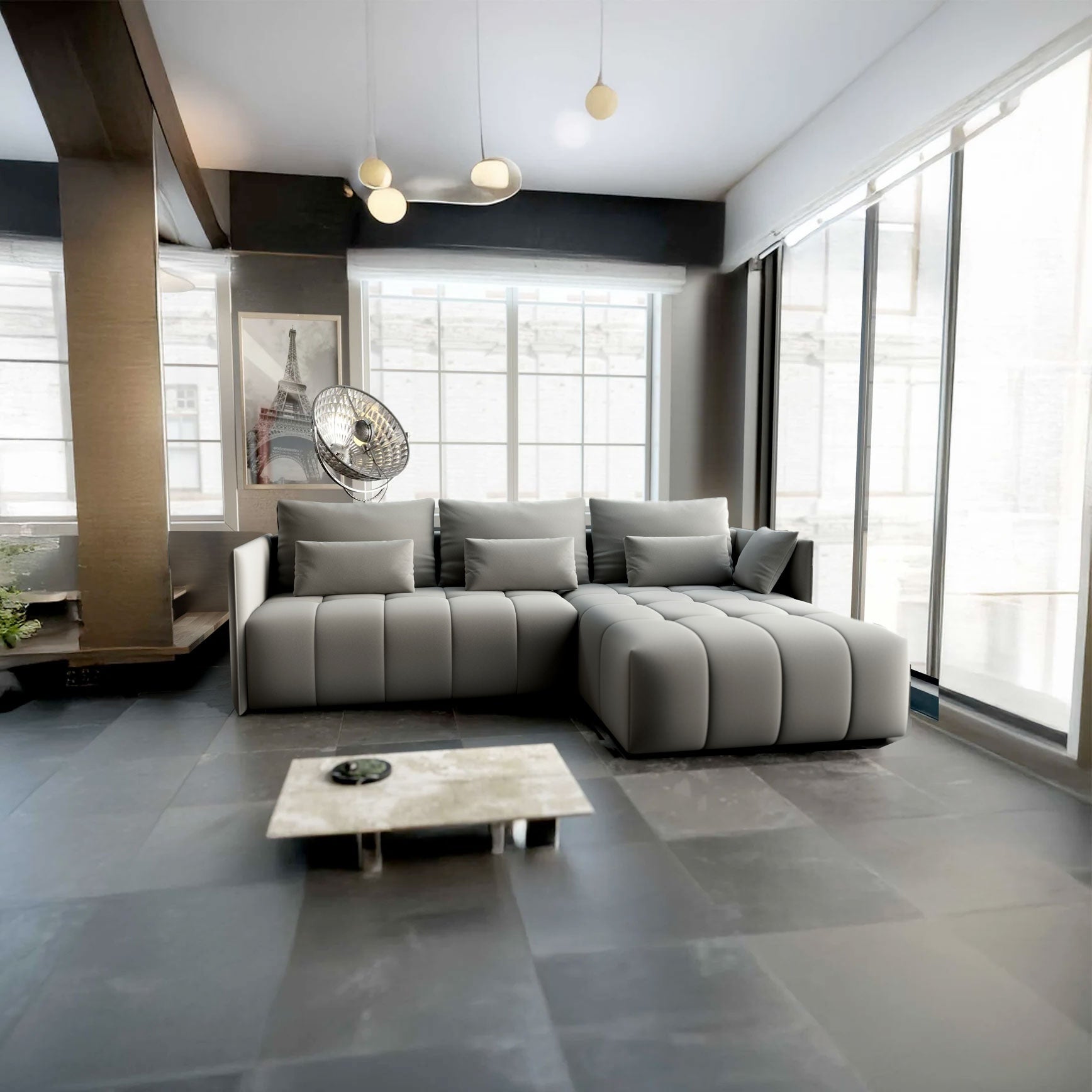 Colțar extensibil dumonde cu ladă de depozitare si sezut confortabil din spuma HR, Malta Royal Grey II 235x185 cm Fabrica