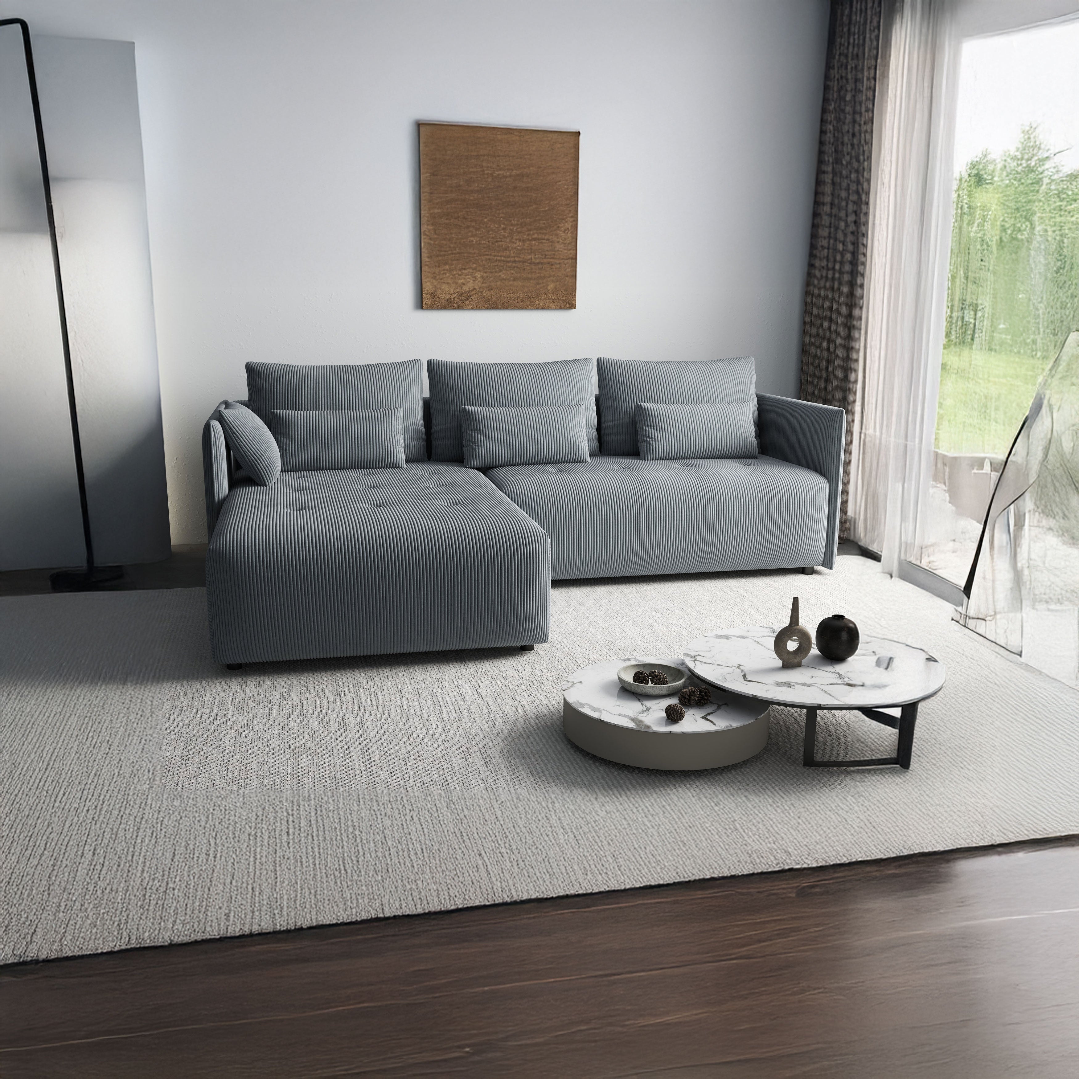 Colțar extensibil dumonde cu ladă de depozitare si sezut confortabil din spuma HR, Malta Zoom Grey 235x185 cm Fabrica