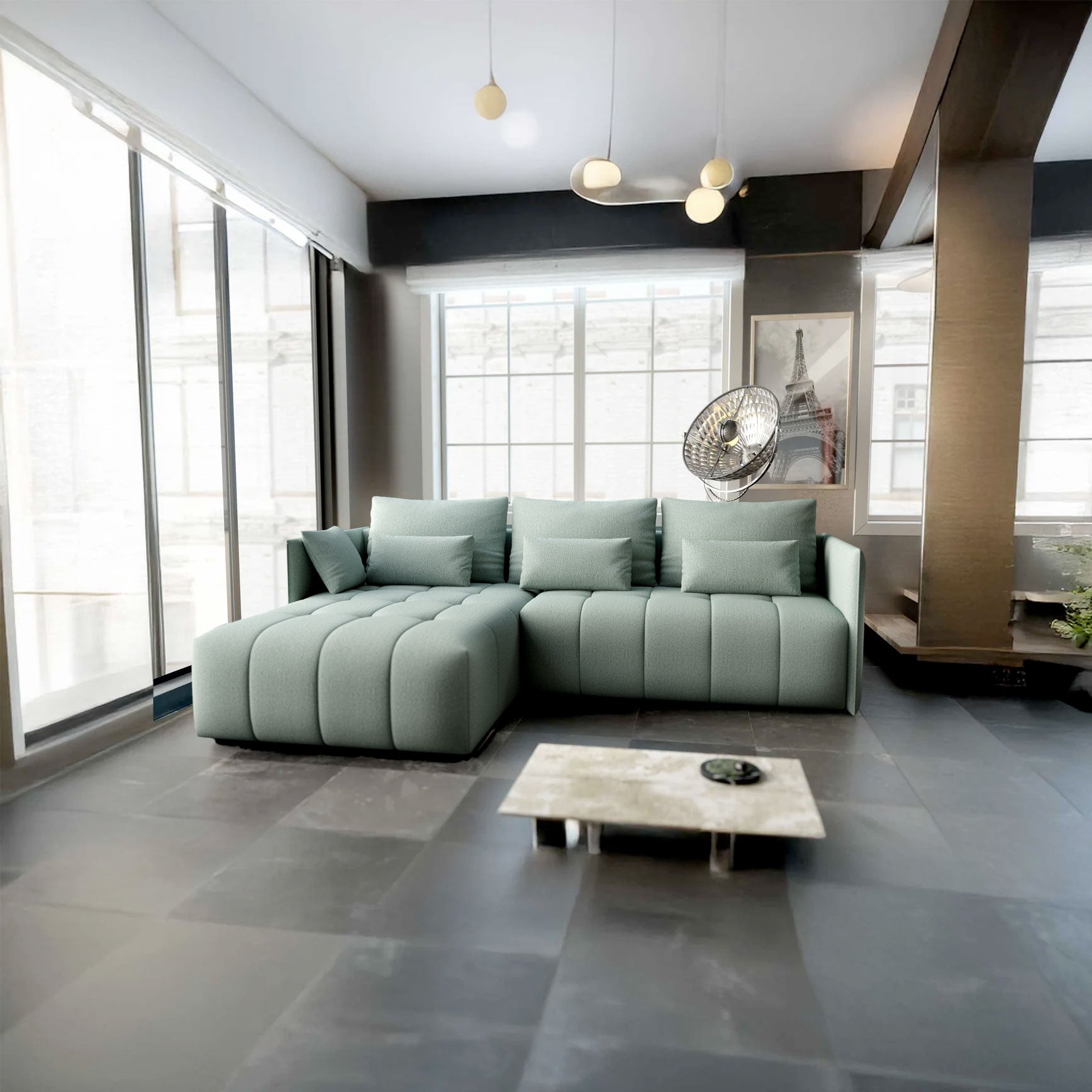 Colțar extensibil dumonde cu ladă de depozitare si sezut confortabil din spuma HR, Malta Enjoy Mint 235x185 cm Fabrica