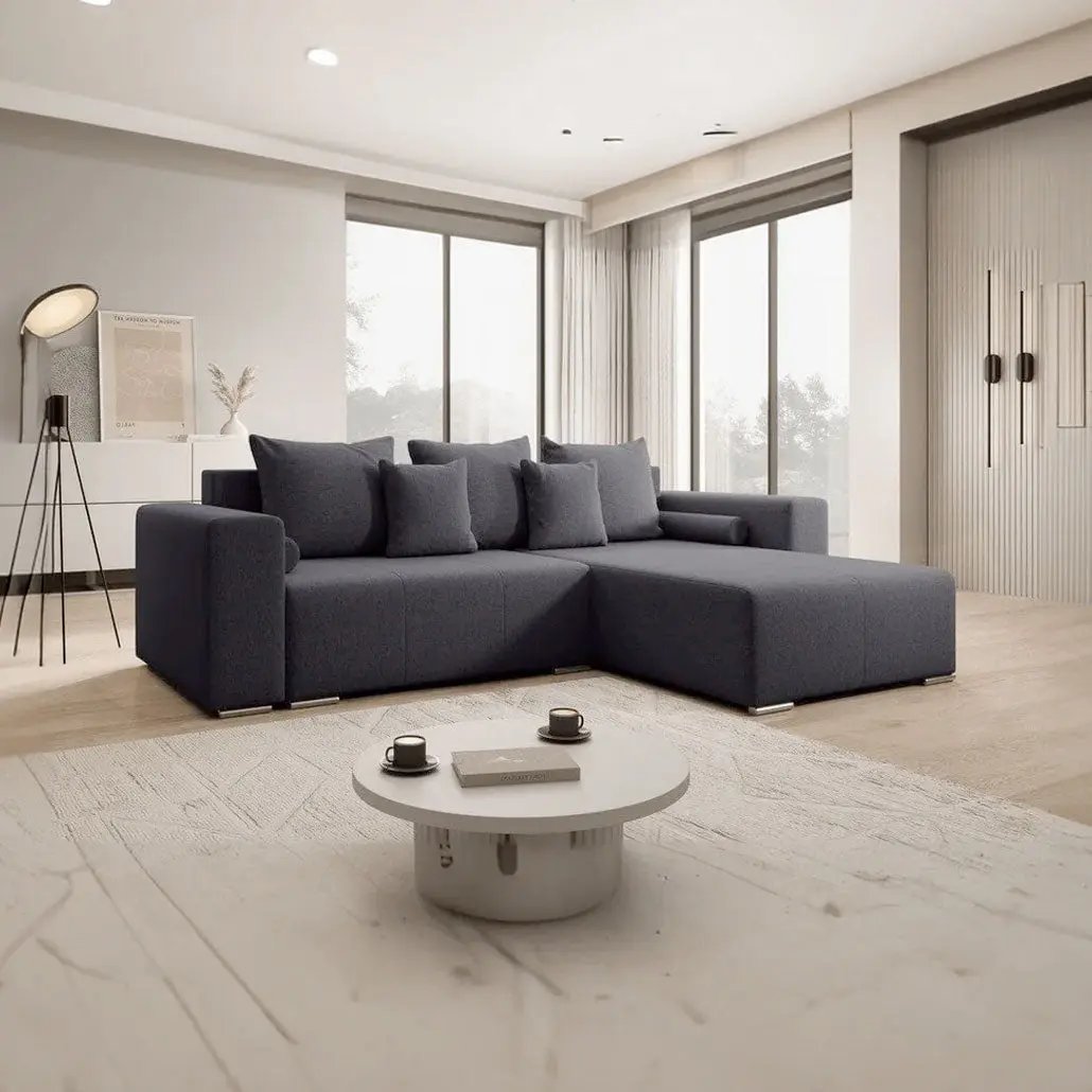 Colțar extensibil dumonde cu ladă de depozitare si sezut confortabil din spuma HR, Marbela Grafit II 275x185 cm Fabrica