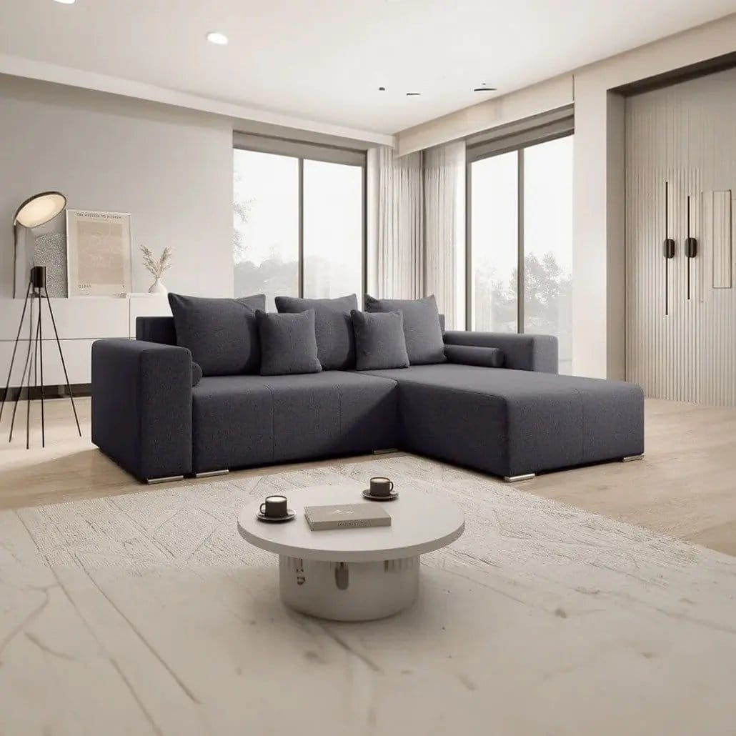 Colțar extensibil dumonde cu ladă de depozitare si sezut confortabil din spuma HR, Marbela Grafit II 275x185 cm Fabrica