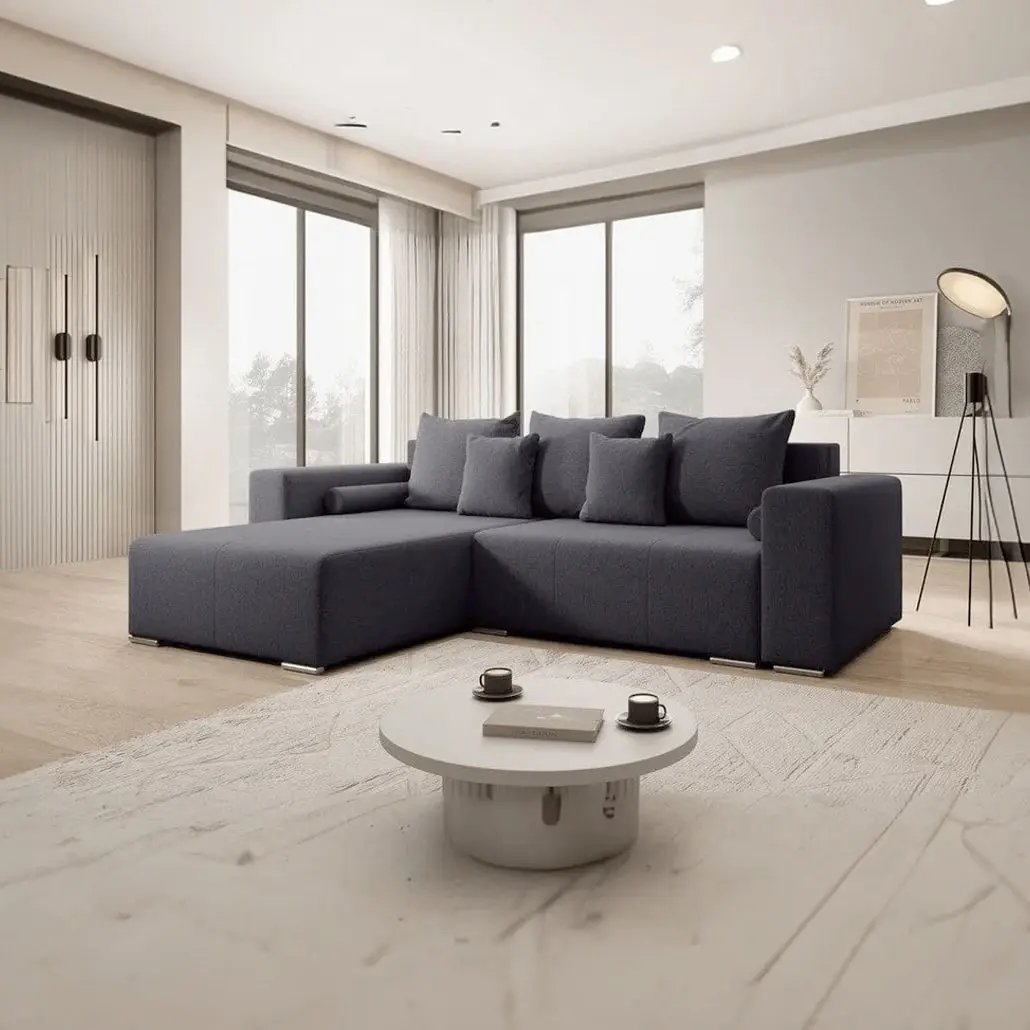 Colțar extensibil dumonde cu ladă de depozitare si sezut confortabil din spuma HR, Marbela Grafit 275x185 cm Fabrica