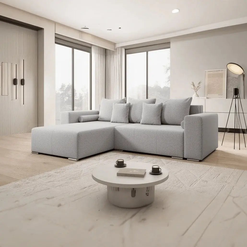 Colțar extensibil dumonde cu ladă de depozitare si sezut confortabil din spuma HR, Marbela Grey 275x185 cm Fabrica