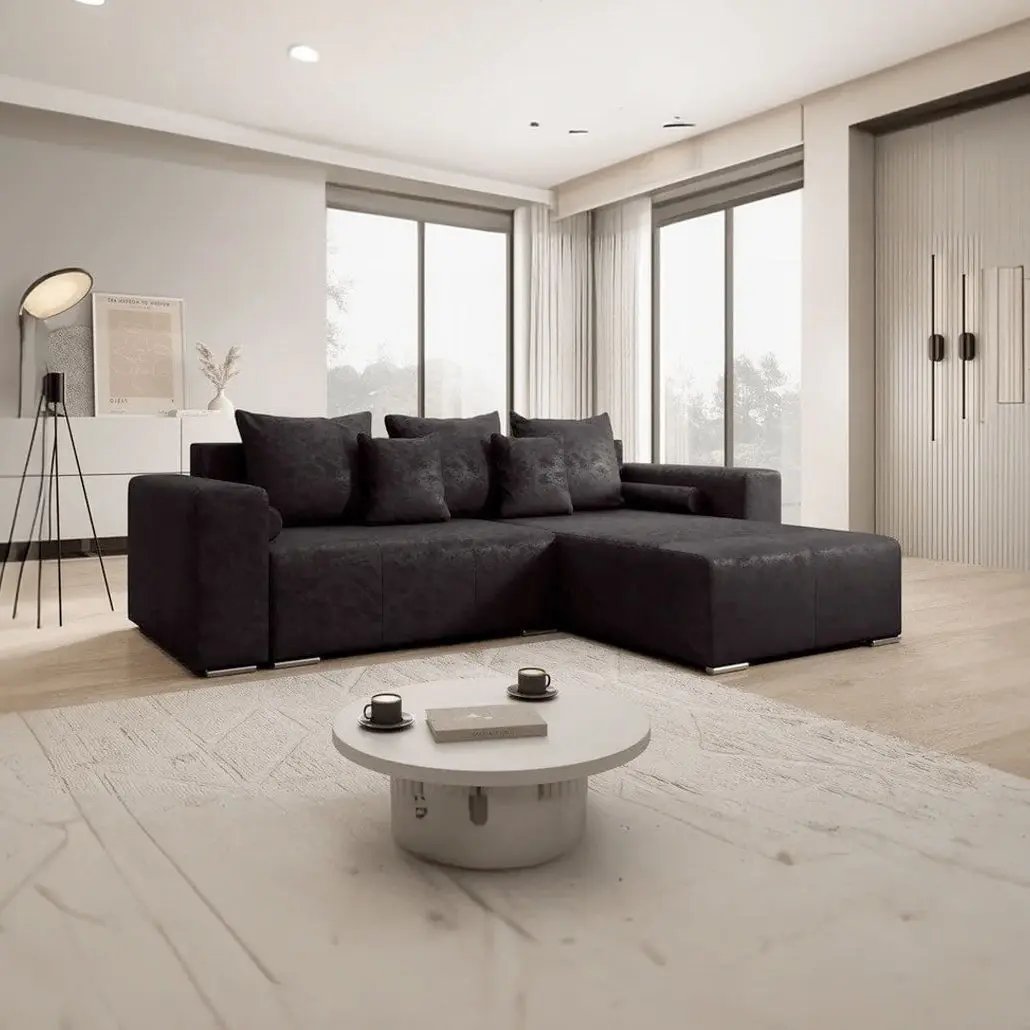 Colțar extensibil dumonde cu ladă de depozitare si sezut confortabil din spuma HR, Marbela Antracit II 275x185 cm Fabrica