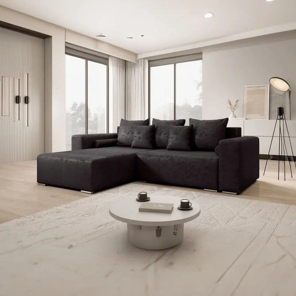 Colțar extensibil dumonde cu ladă de depozitare si sezut confortabil din spuma HR, Marbela Antracit 275x185 cm Fabrica