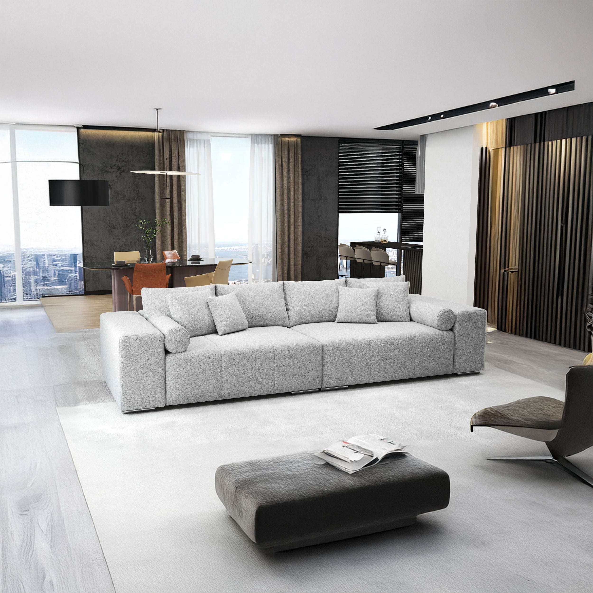 Canapea extensibilă dumonde cu ladă de depozitare si sezut confortabil din spuma HR, Marbela Enjoy Grey XXL 295x100 cm fabrica