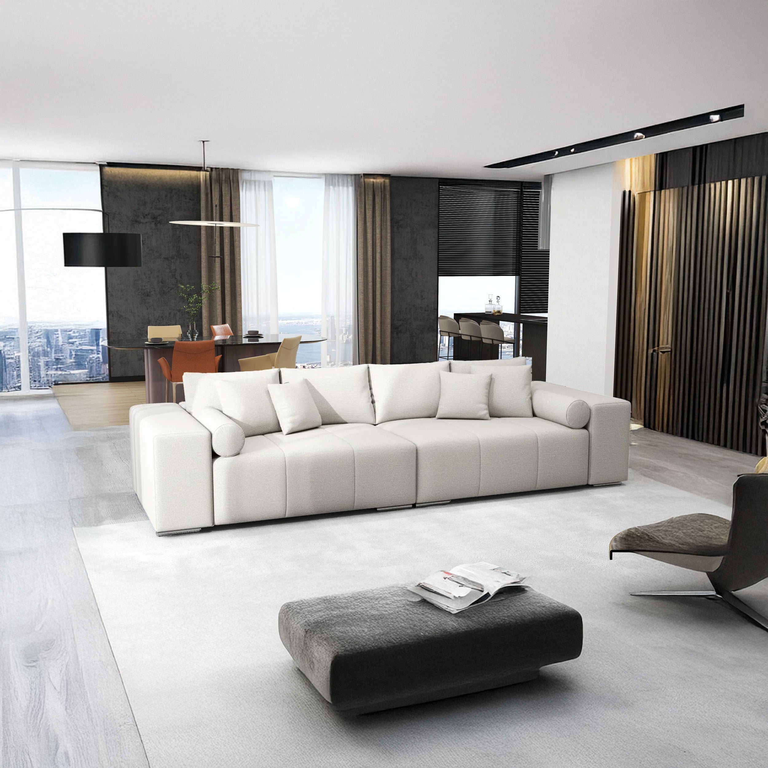 Canapea extensibilă dumonde cu ladă de depozitare si sezut confortabil din spuma HR, Marbela Enjoy Lux Grey XXL 295x100 cm fabrica