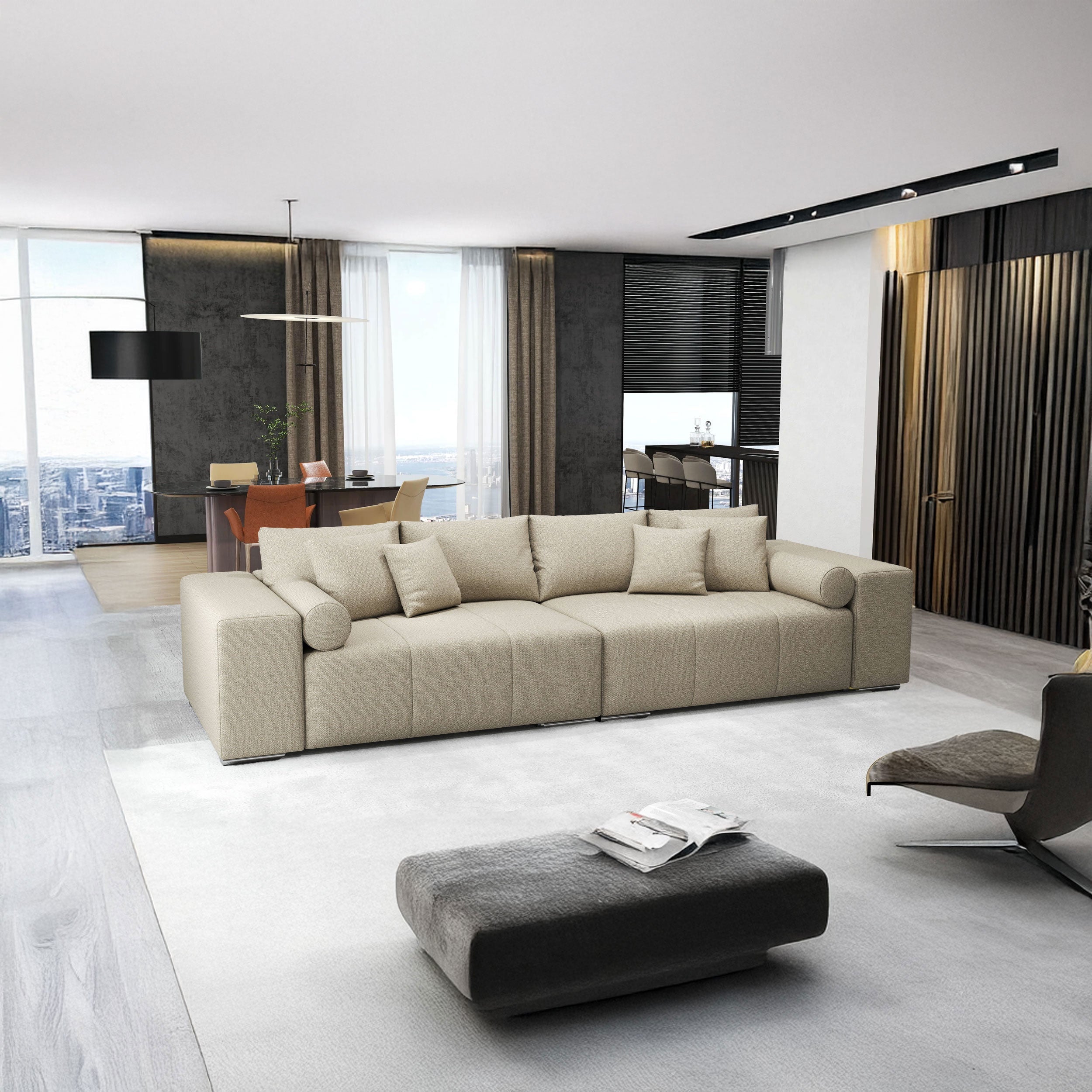 Canapea extensibilă dumonde cu ladă de depozitare si sezut confortabil din spuma HR, Marbela Enjoy Camel XXL 295x100 cm fabrica