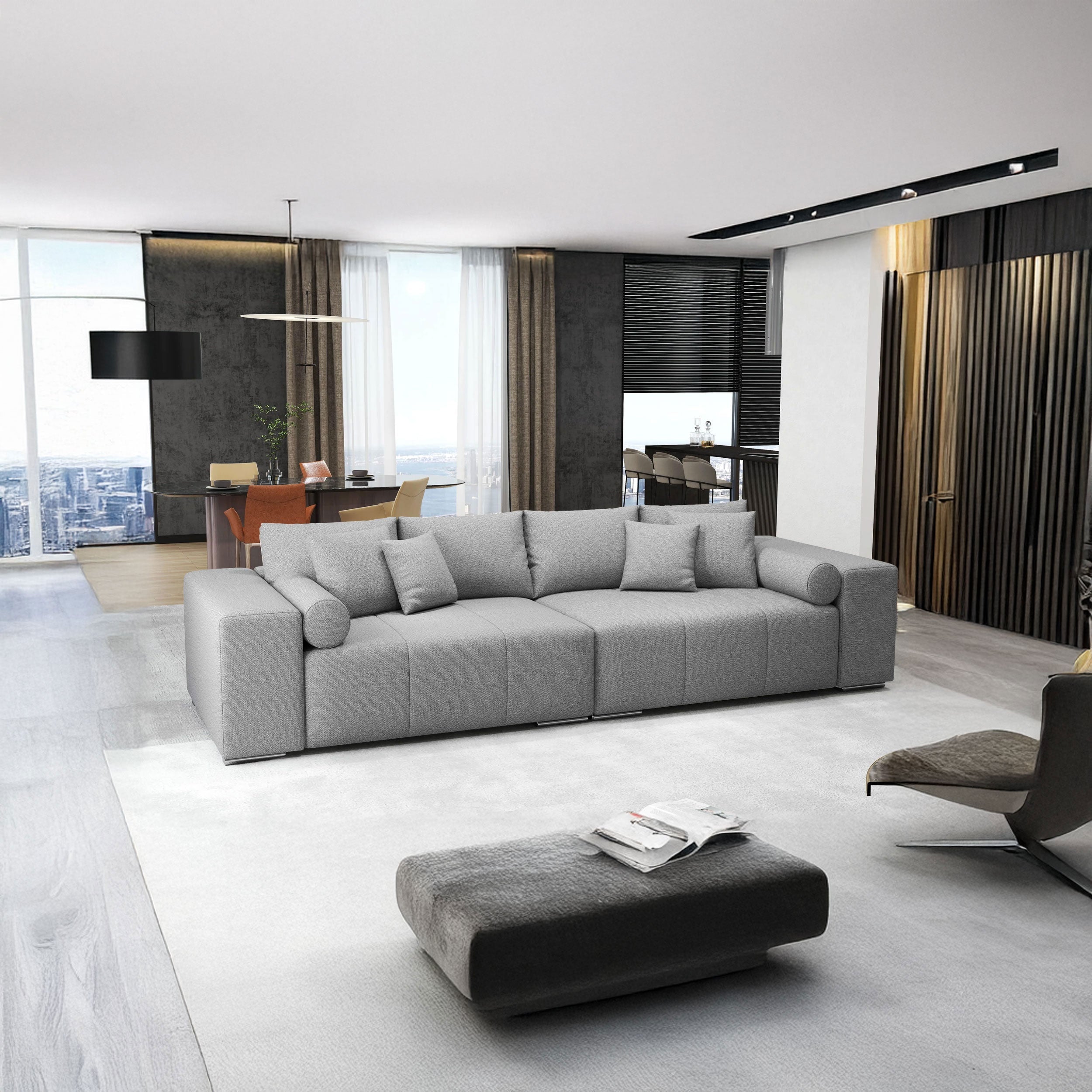 Canapea extensibilă dumonde cu ladă de depozitare si sezut confortabil din spuma HR, Marbela Enjoy Lux Grey XXL 295x100 cm fabrica