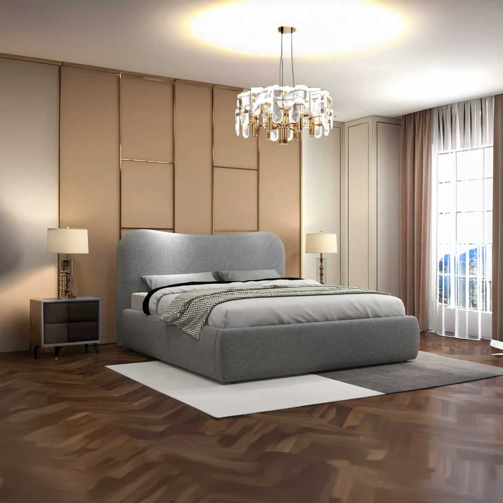 Pat dormitor dumonde, tapitat gri, Matias 180x200 cm, somiera rabatabila inclusa, spatiu depozitare WLS