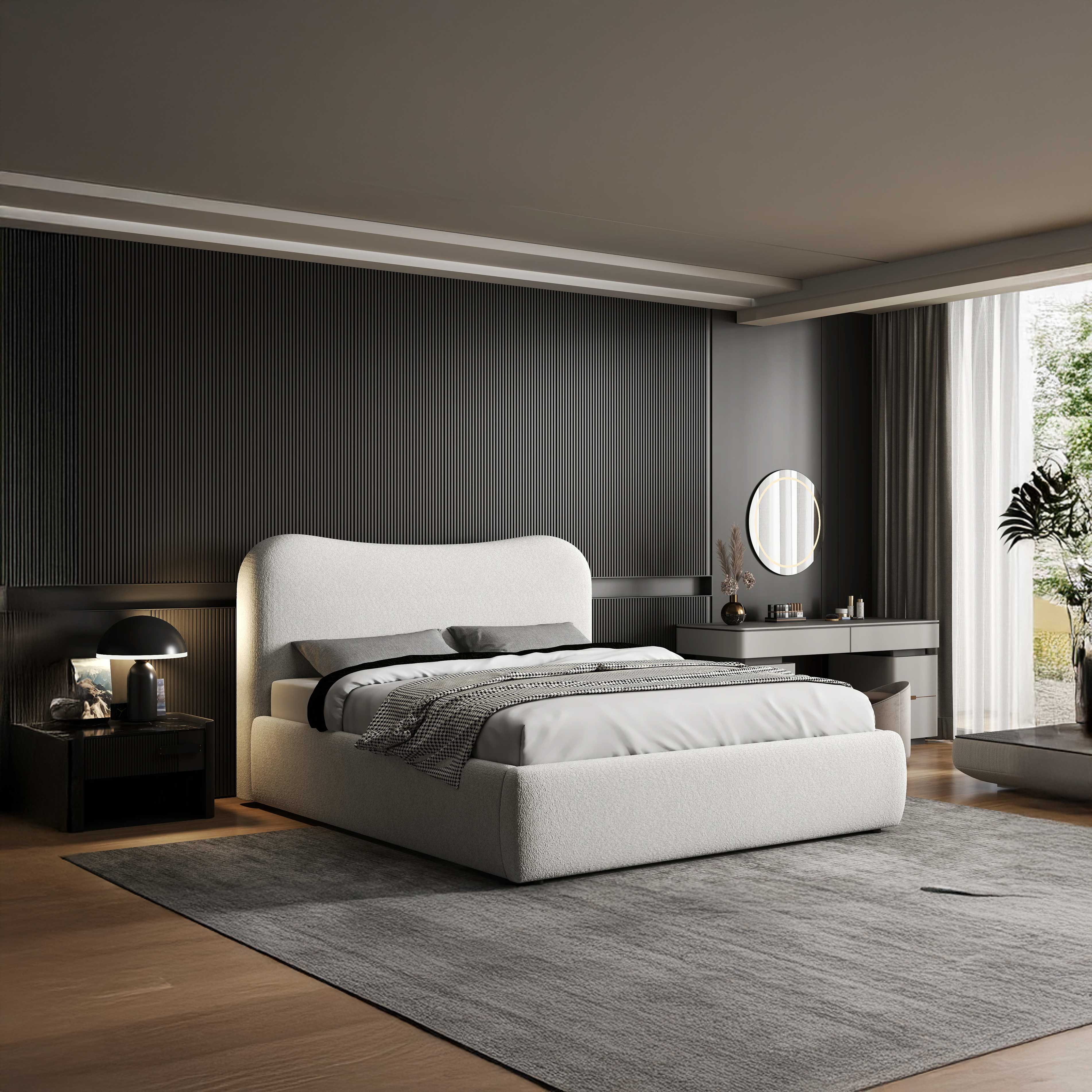 Pat dormitor dumonde, tapitat alb, Matias 160x200 cm, somiera rabatabila inclusa, spatiu depozitare WLS