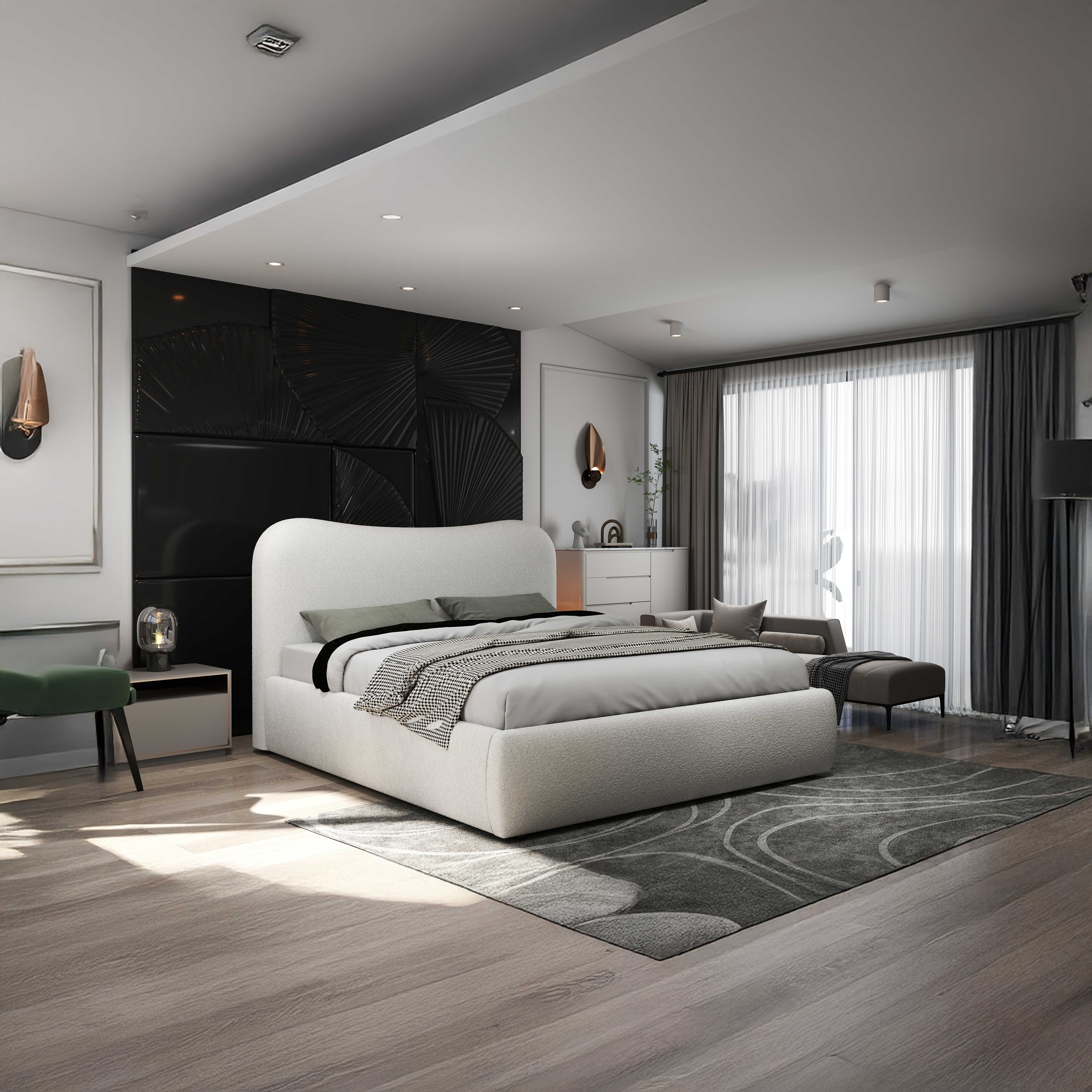 Pat dormitor dumonde, tapitat alb, Matias 180x200 cm, somiera rabatabila inclusa, spatiu depozitare WLS