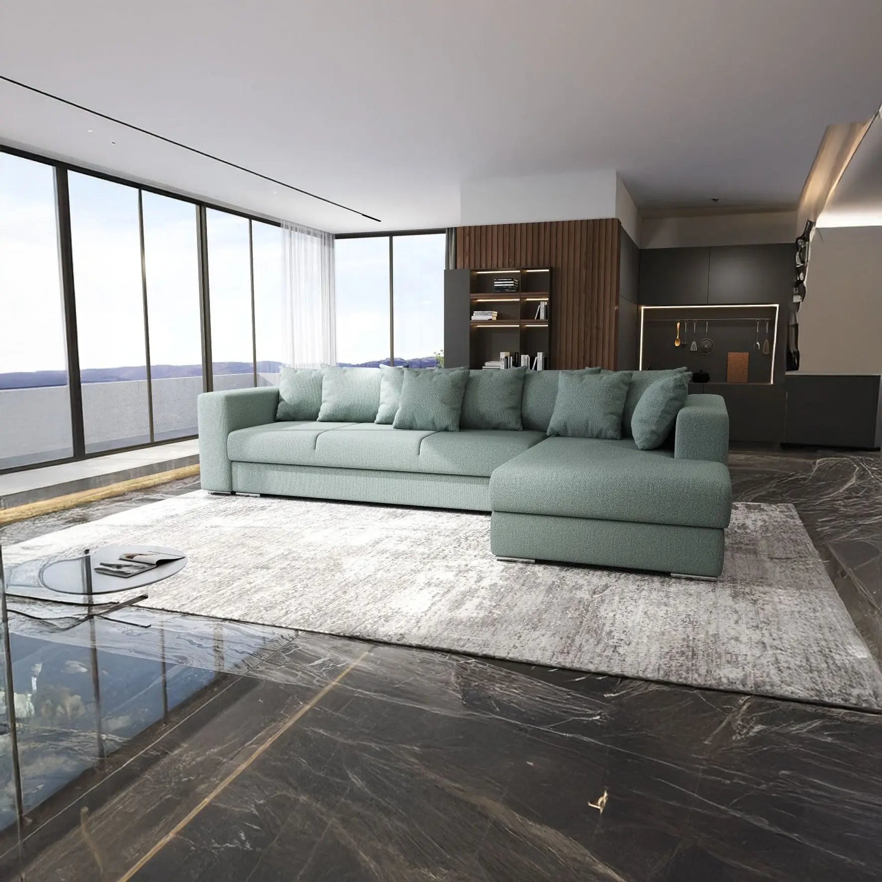 Colțar extensibil dumonde cu ladă de depozitare si sezut confortabil din spuma HR, Gloria Mint II 320x183 cm Fabrica