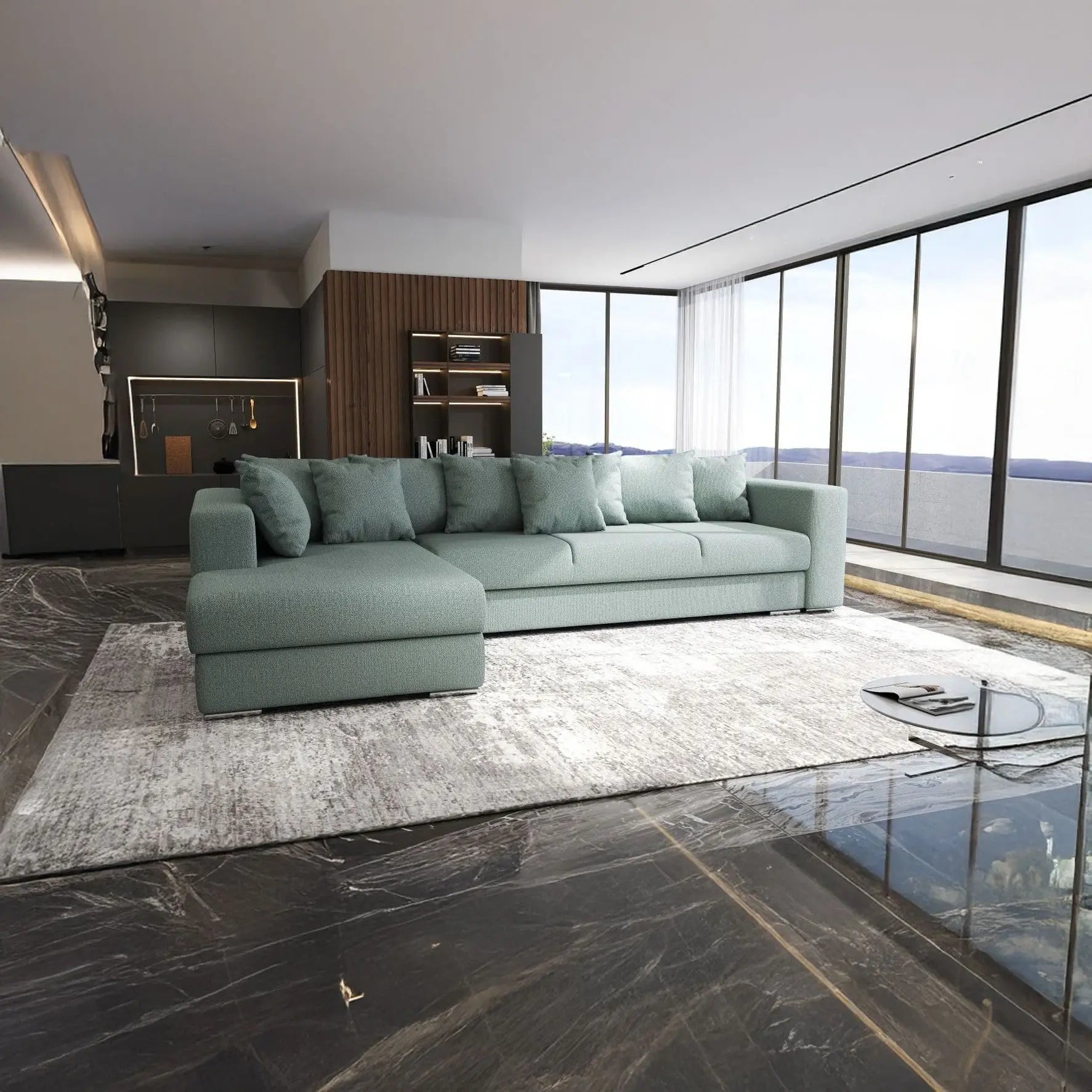 Colțar extensibil dumonde cu ladă de depozitare si sezut confortabil din spuma HR, Gloria Mint 320x183 cm Fabrica