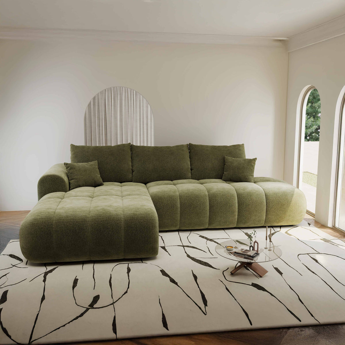 Colțar extensibil dumonde Milano L cu un braț Vibe 38 Olive 276x175 cm – imagine principală
