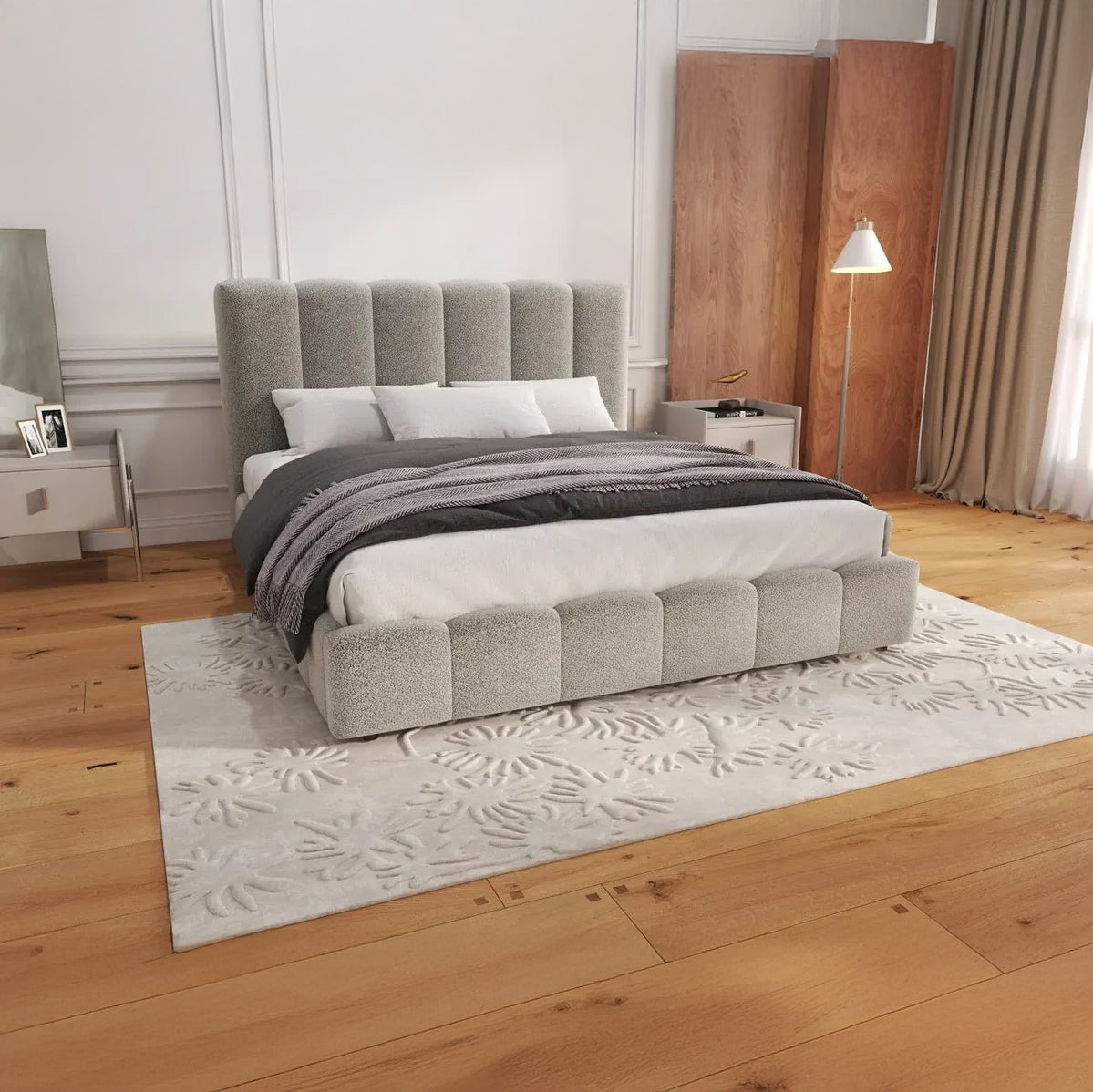 Pat dormitor dumonde, tapitat gri, Milano 140x200 cm, somiera rabatabila inclusa, spatiu depozitare