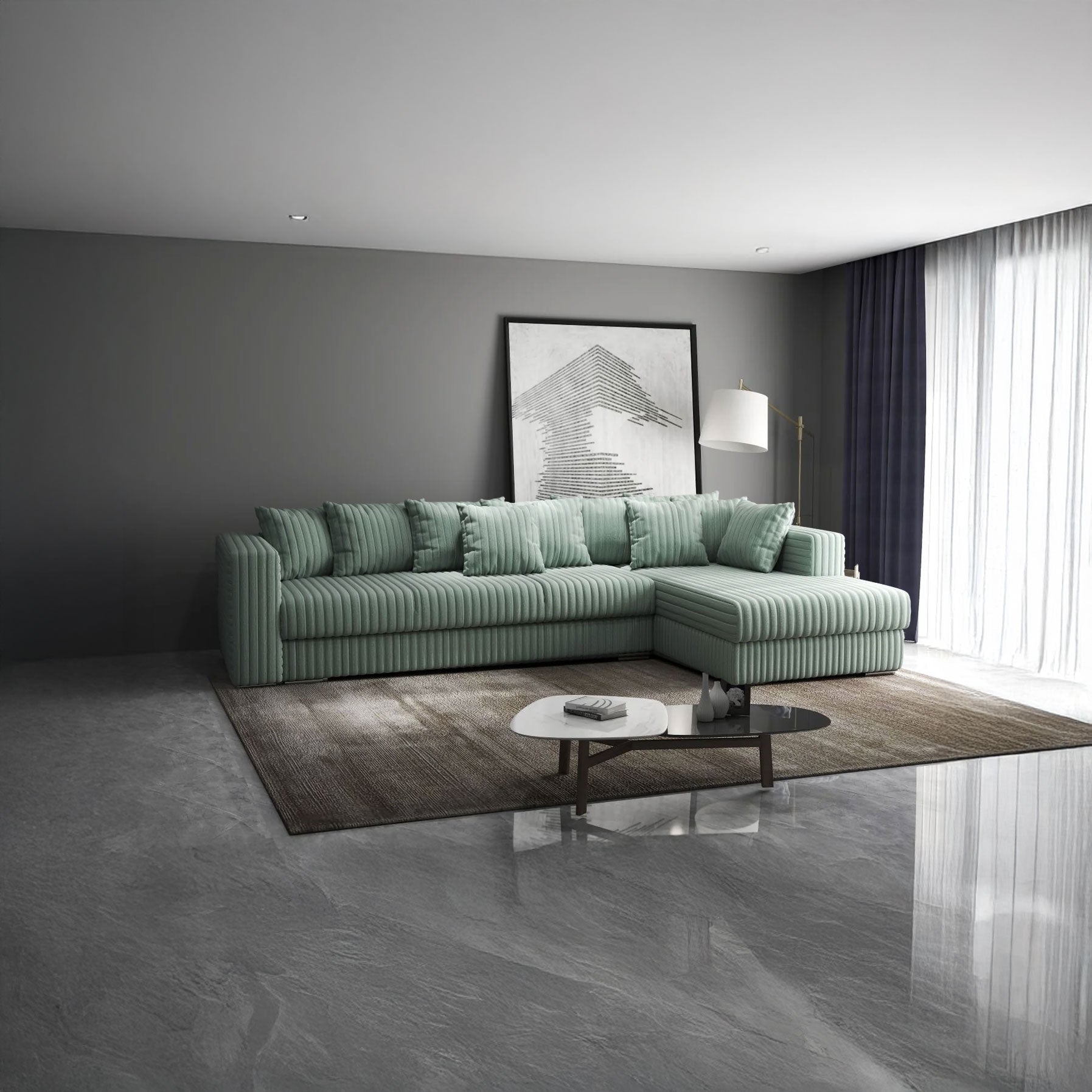 Colțar extensibil dumonde cu ladă de depozitare si sezut confortabil din spuma HR, Gloria Mint Ambience II 320x183 cm Fabrica