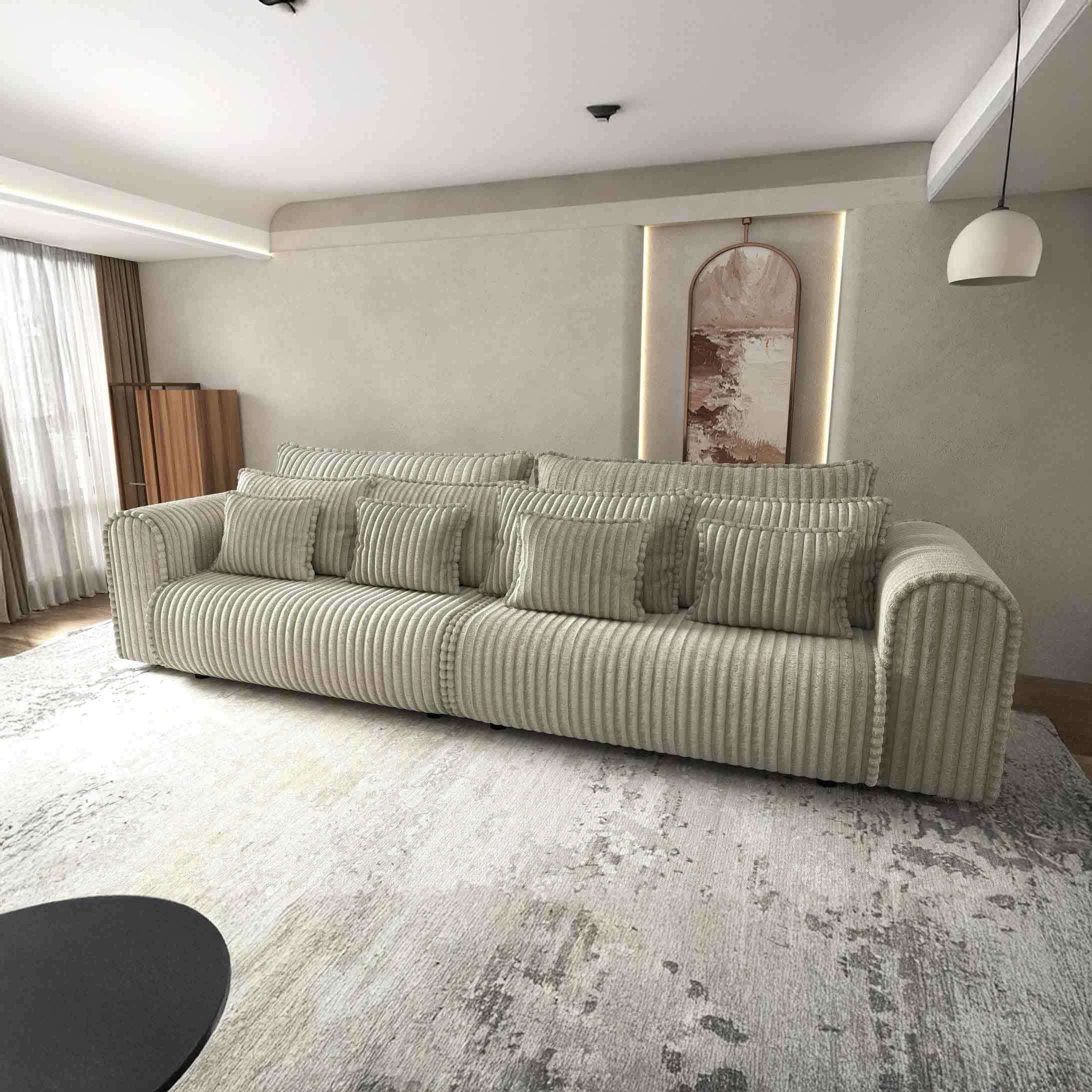 Canapea extensibilă dumonde cu ladă de depozitare si sezut confortabil din spuma high-density, Monaco Tilia Bej Inchis 300x130 cm