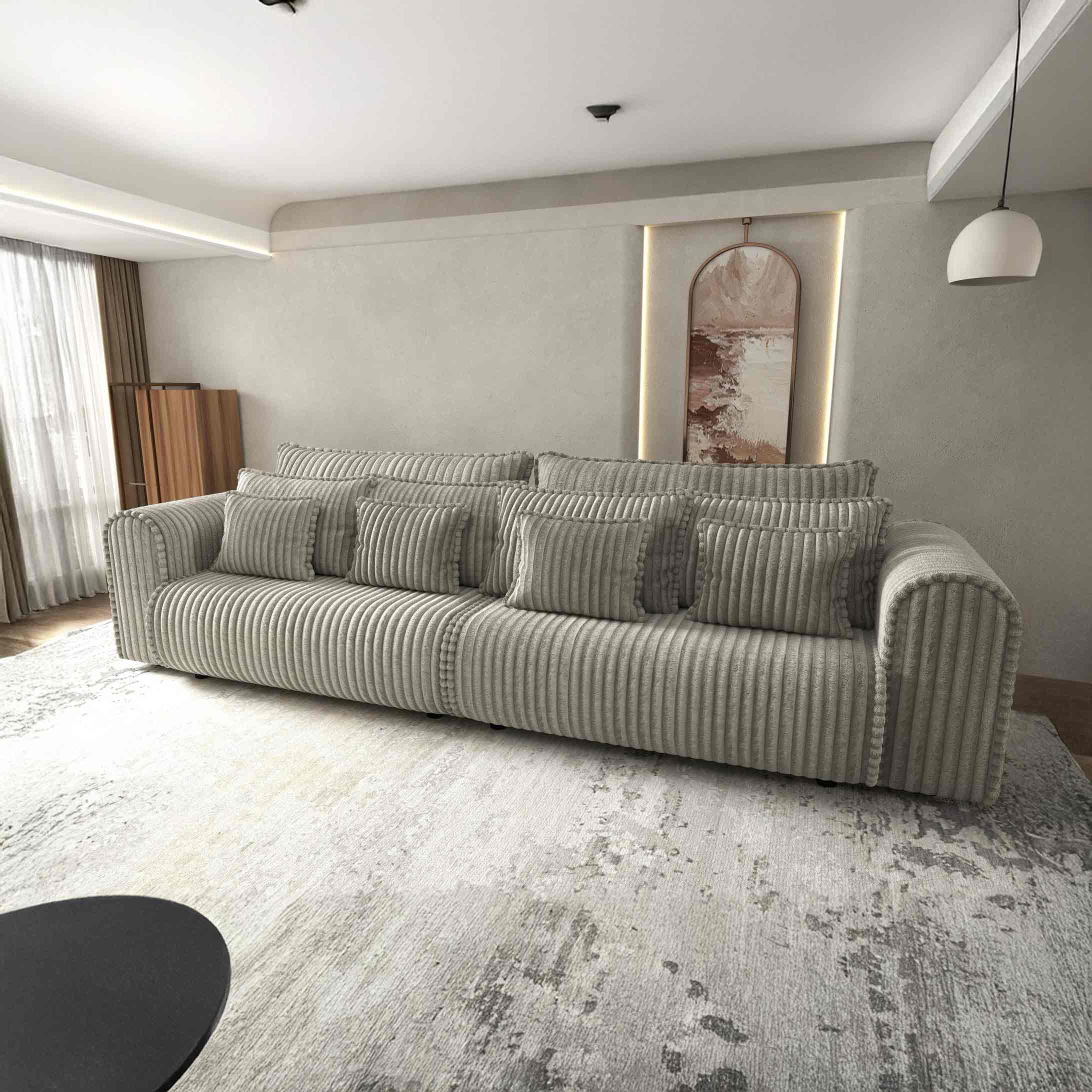 Canapea extensibilă dumonde cu ladă de depozitare si sezut confortabil din spuma high-density, Monaco Tilia Gri-Bej 300x130 cm