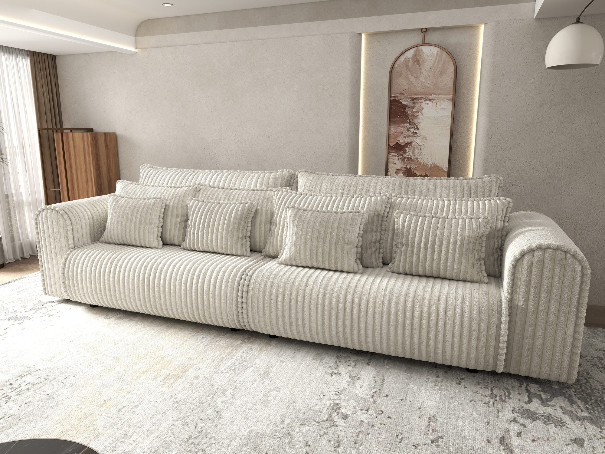 Canapea extensibilă dumonde cu ladă de depozitare si sezut confortabil din spuma high-density, Monaco Tilia Bej 01 300x130 cm