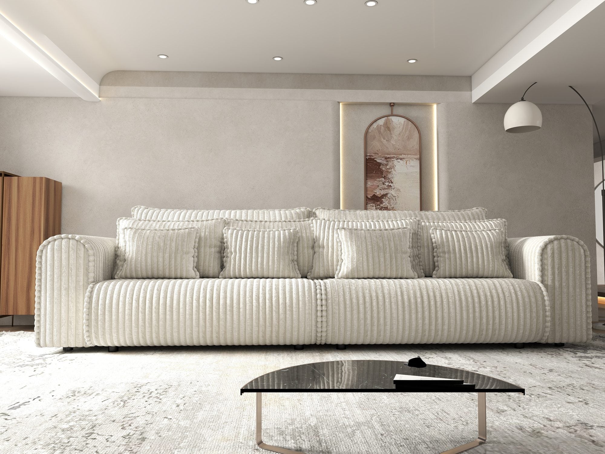 Canapea extensibilă dumonde cu ladă de depozitare si sezut confortabil din spuma high-density, Monaco Tilia Bej 01 300x130 cm