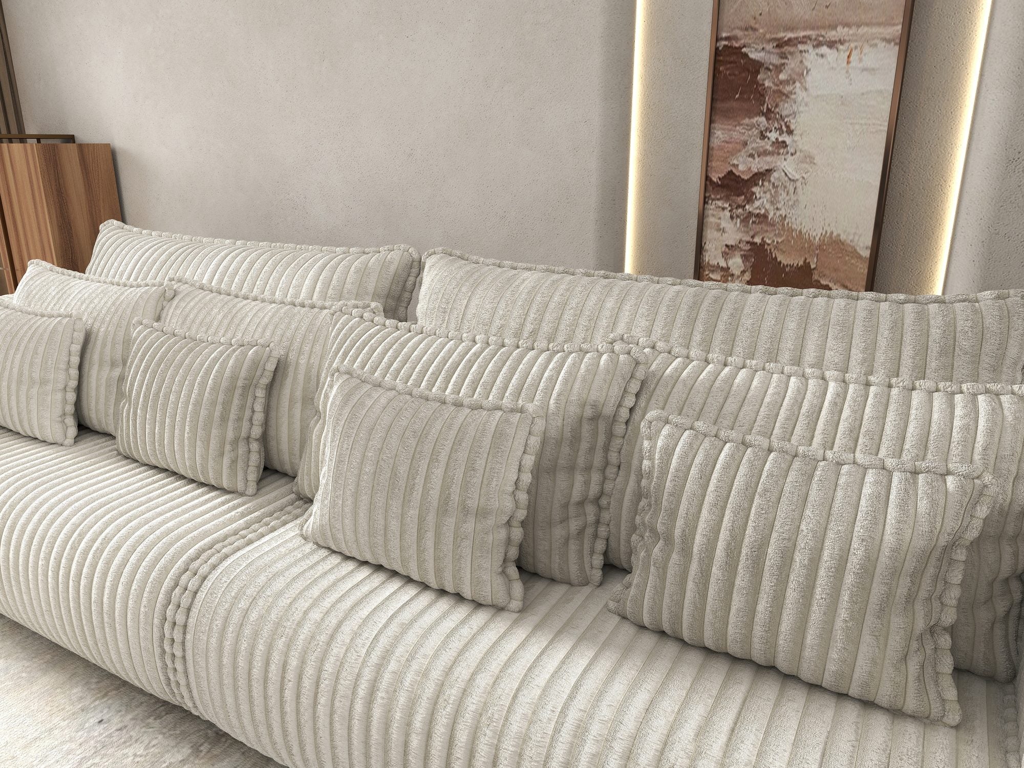 Canapea extensibilă dumonde cu ladă de depozitare si sezut confortabil din spuma high-density, Monaco Tilia Bej 01 300x130 cm