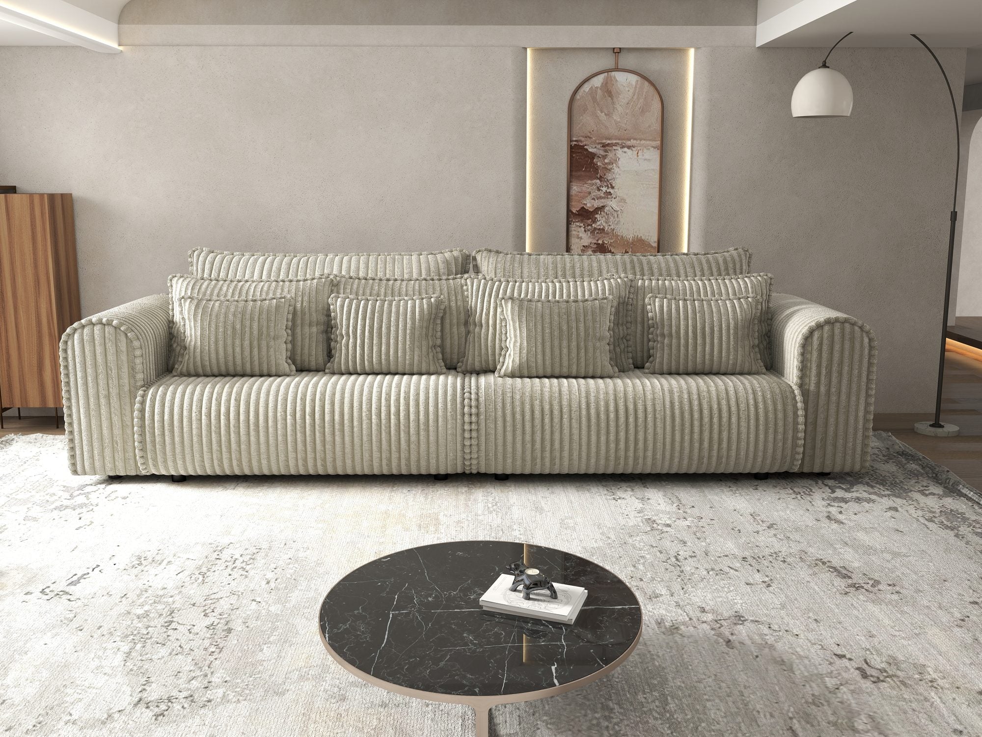 Canapea extensibilă dumonde cu ladă de depozitare si sezut confortabil din spuma high-density, Monaco Tilia Bej Inchis 300x130 cm