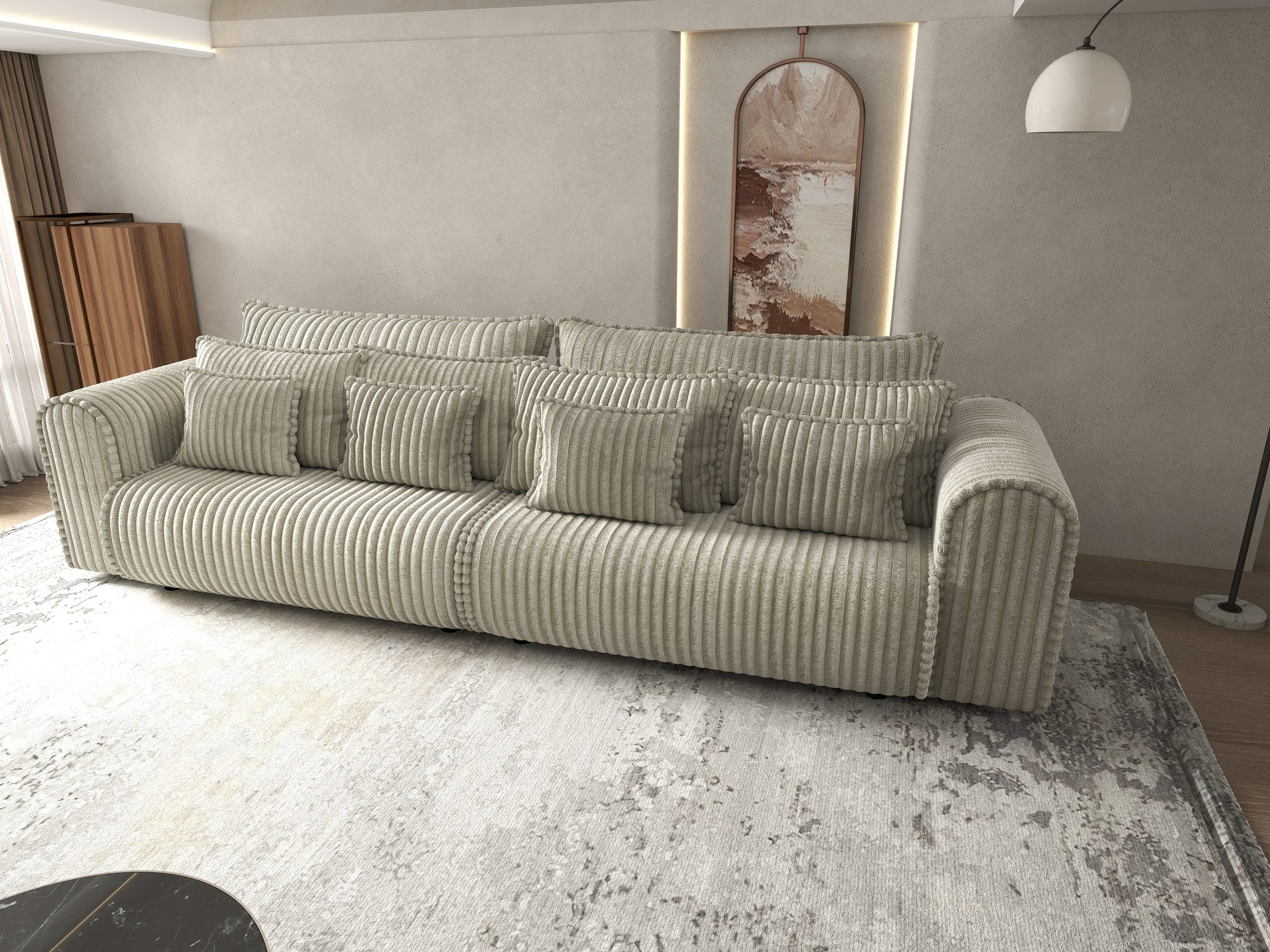 Canapea extensibilă dumonde cu ladă de depozitare si sezut confortabil din spuma high-density, Monaco Tilia Bej Inchis 300x130 cm