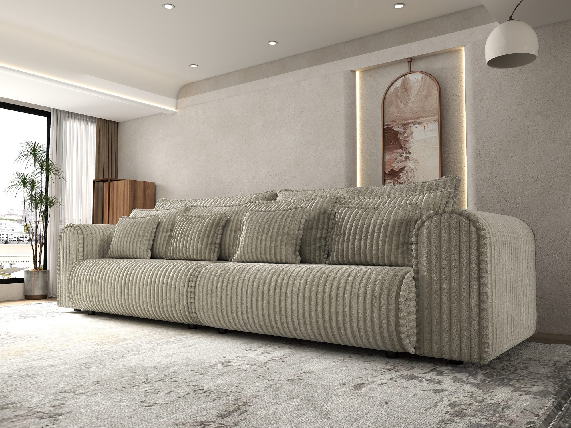 Canapea extensibilă dumonde cu ladă de depozitare si sezut confortabil din spuma high-density, Monaco Tilia Bej Inchis 300x130 cm