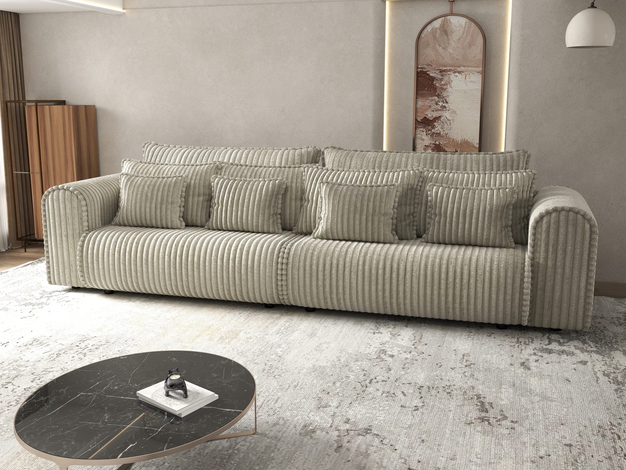 Canapea extensibilă dumonde cu ladă de depozitare si sezut confortabil din spuma high-density, Monaco Tilia Bej Inchis 300x130 cm